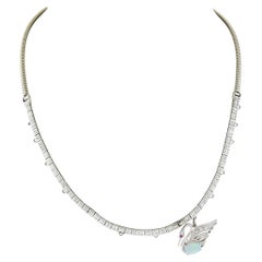 Vintage 14k Gold Platinum Diamond Chain w/ Opal Ruby Swan Charm Pendant Necklace