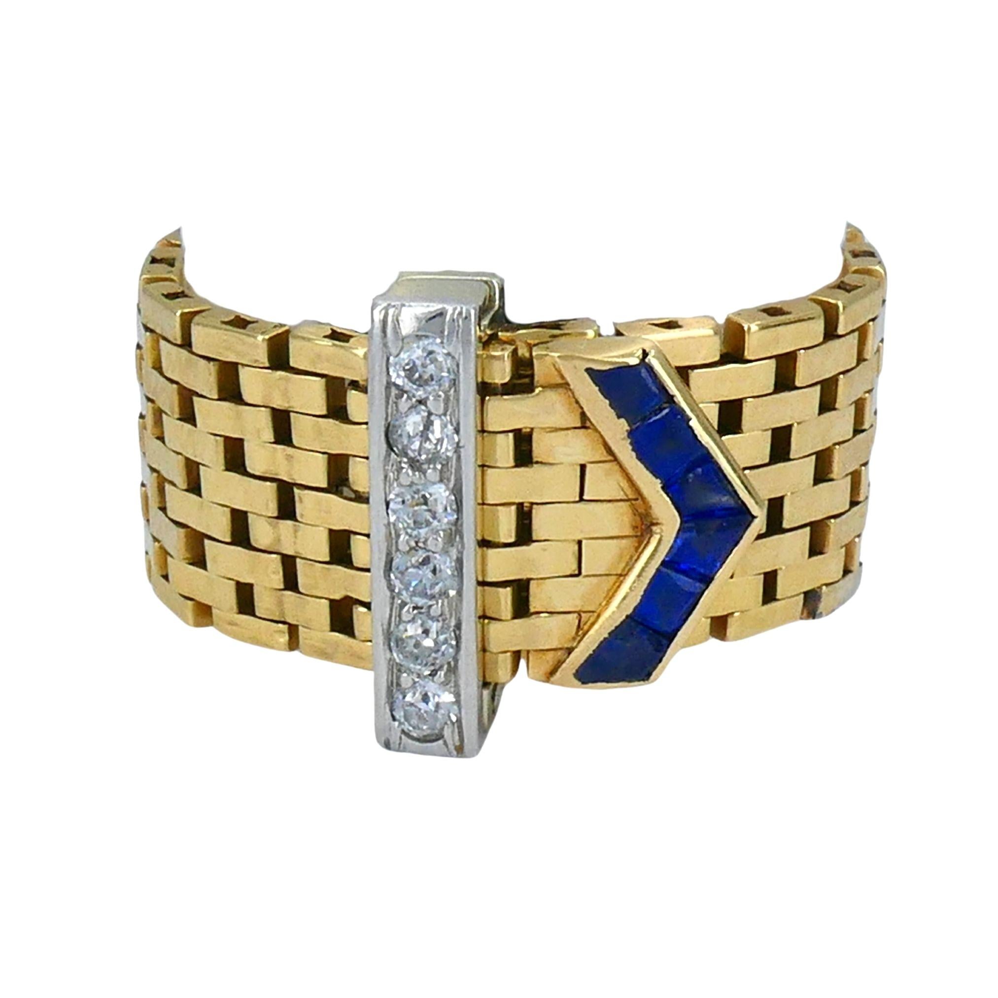 Anello con fibbia vintage in oro 14k e platino con diamante e zaffiro In condizioni buone in vendita a Beverly Hills, CA