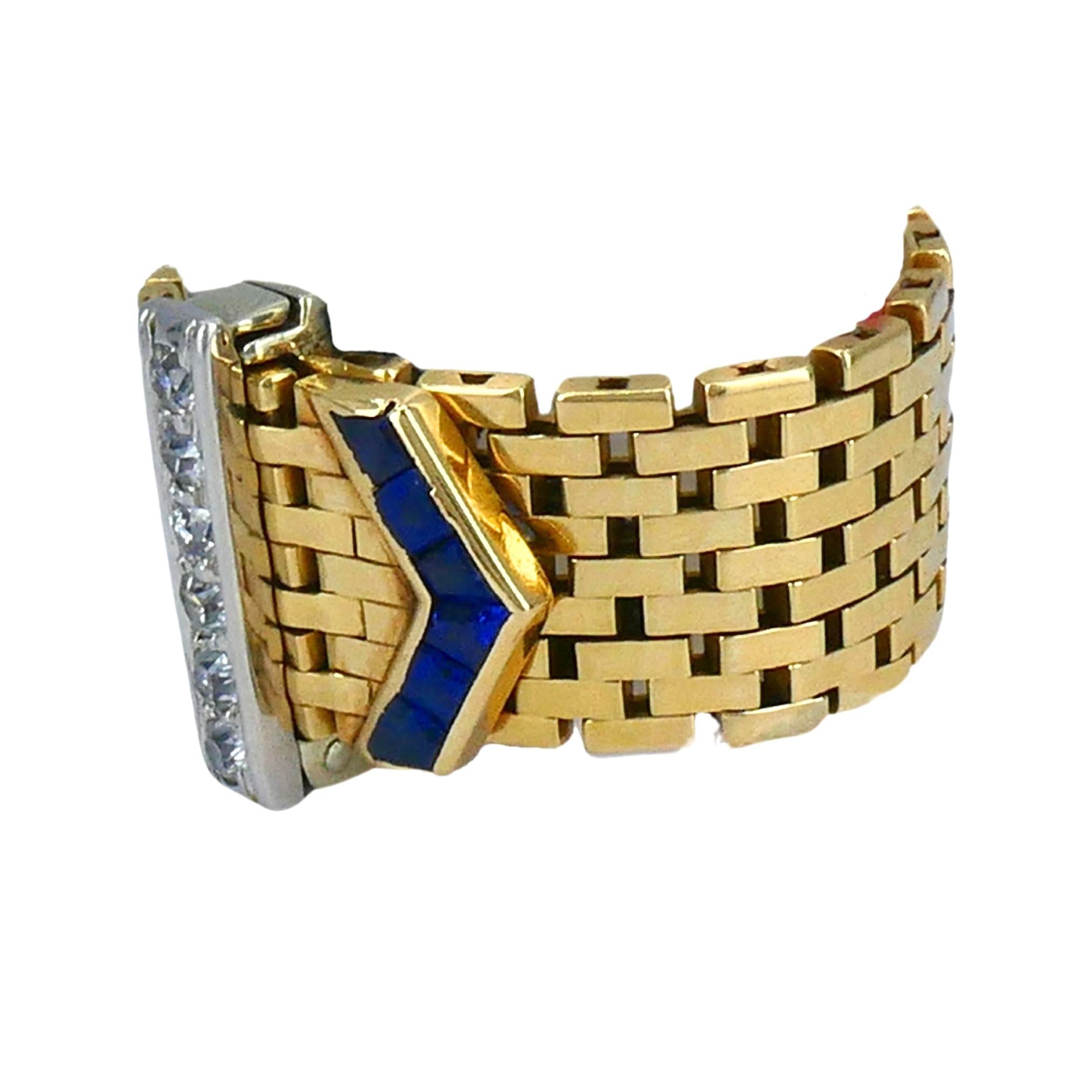 da uomo o donna Anello con fibbia vintage in oro 14k e platino con diamante e zaffiro in vendita
