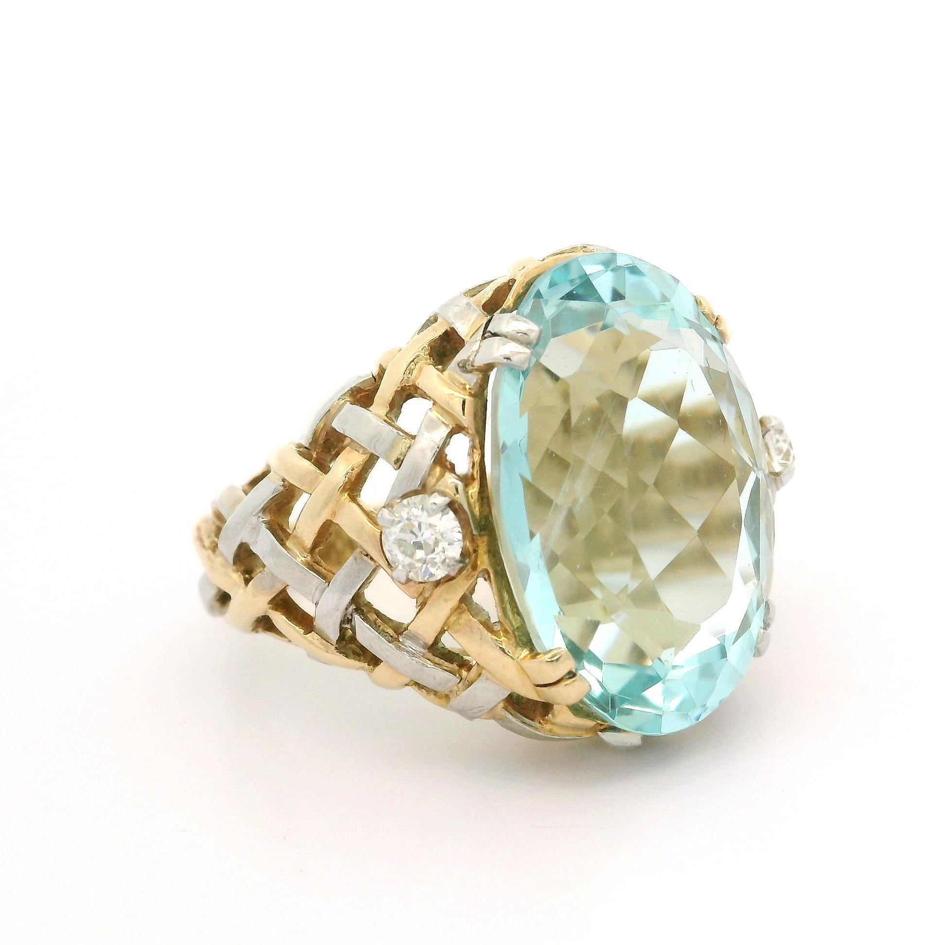 Anello d'epoca in oro 14k e platino GIA 19,47ctw con acquamarina ovale e diamanti antichi in vendita 10