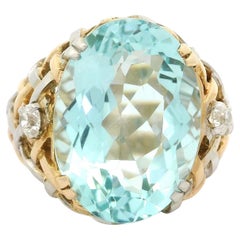 Anello d'epoca in oro 14k e platino GIA 19,47ctw con acquamarina ovale e diamanti antichi