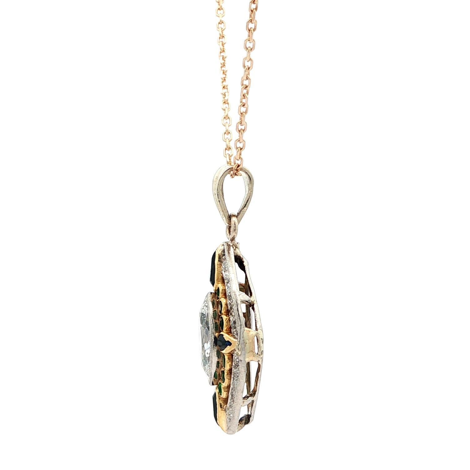 Vintage 14k Gold Platinum Old Marquise Diamond Emerald Sapphire Pendant Necklace For Sale 5