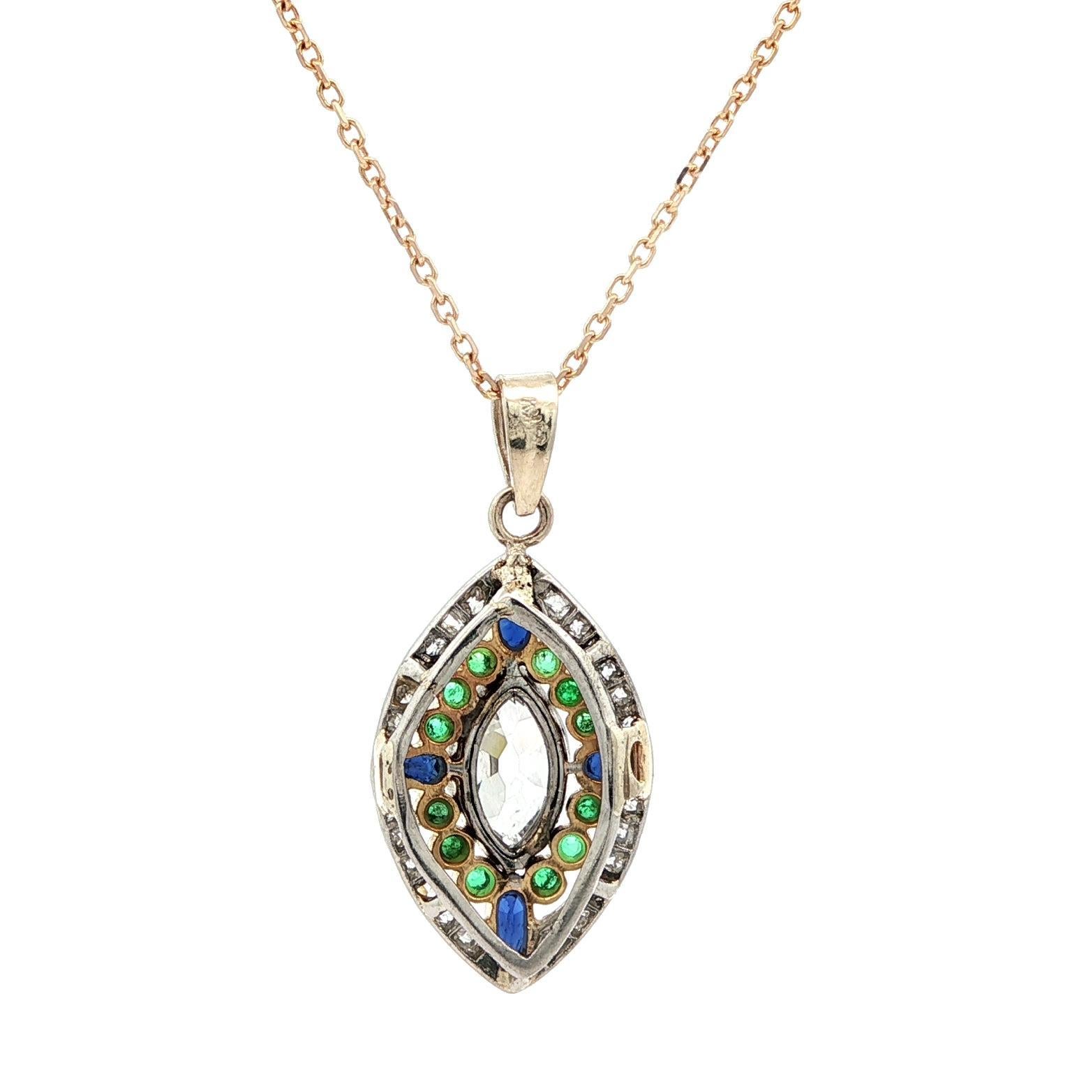 Vintage 14k Gold Platinum Old Marquise Diamond Emerald Sapphire Pendant Necklace For Sale 6