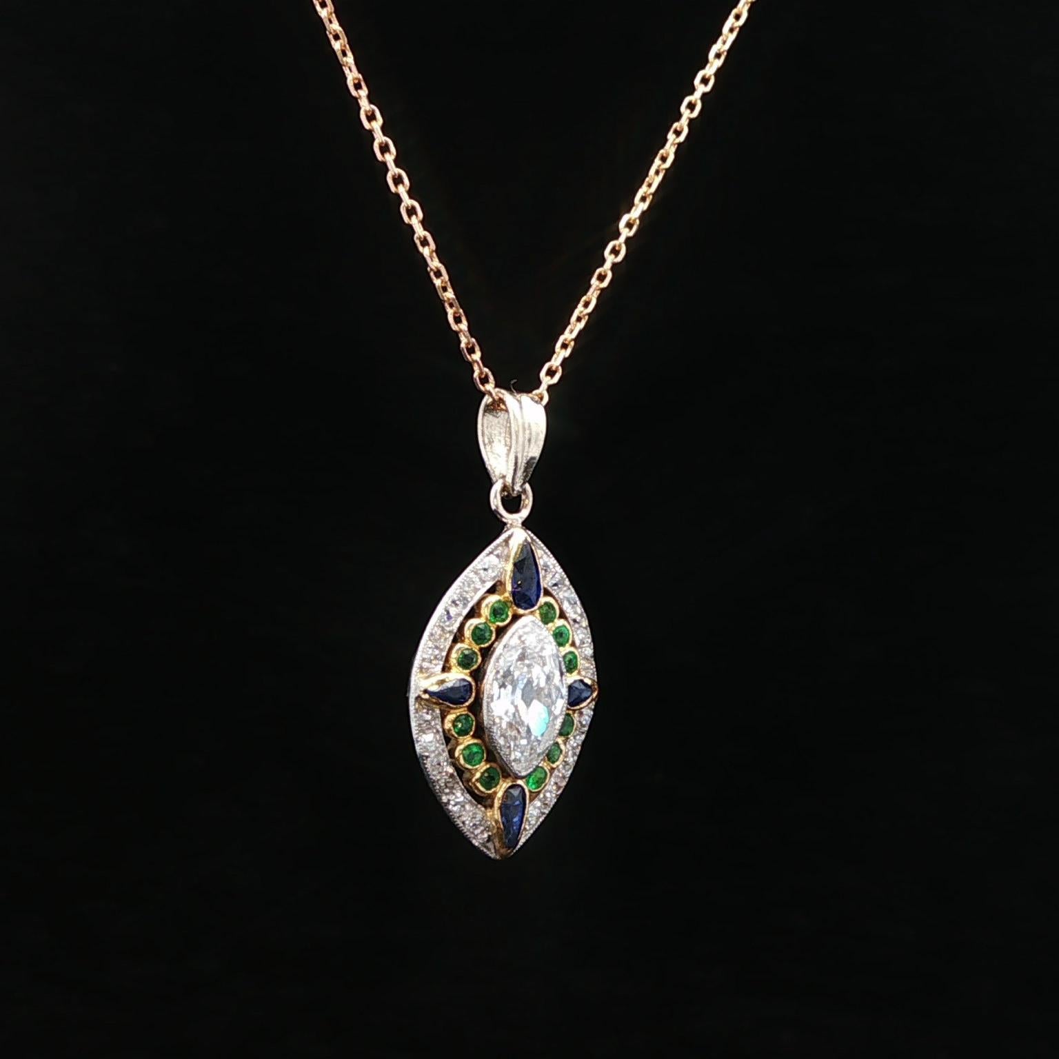 Marquise Cut Vintage 14k Gold Platinum Old Marquise Diamond Emerald Sapphire Pendant Necklace For Sale