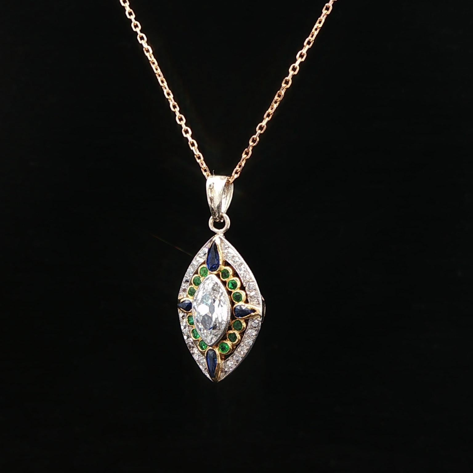 Vintage 14k Gold Platinum Old Marquise Diamond Emerald Sapphire Pendant Necklace In Excellent Condition For Sale In Montclair, NJ