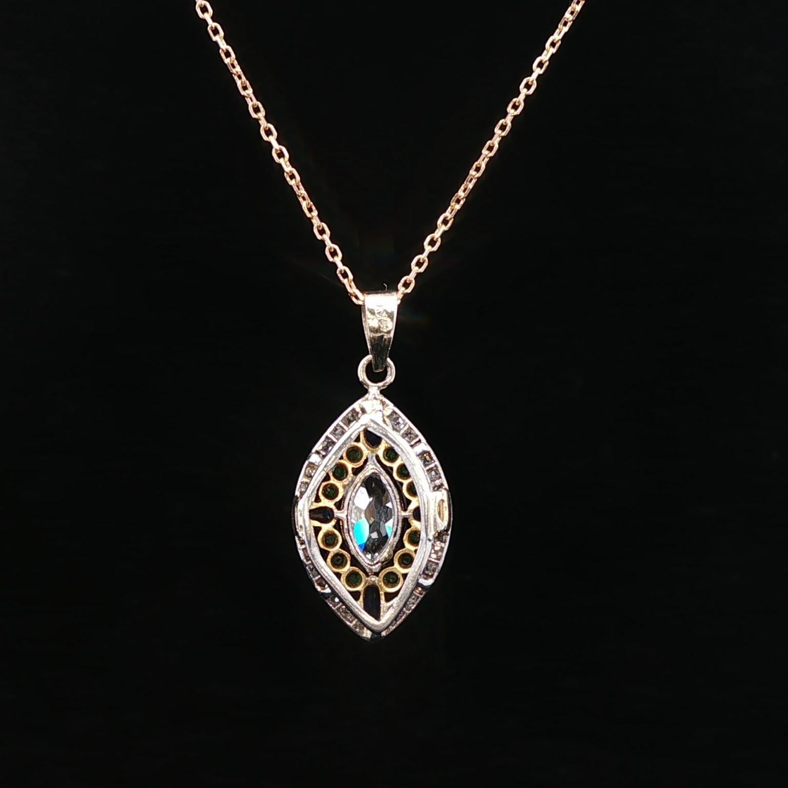 Women's Vintage 14k Gold Platinum Old Marquise Diamond Emerald Sapphire Pendant Necklace For Sale