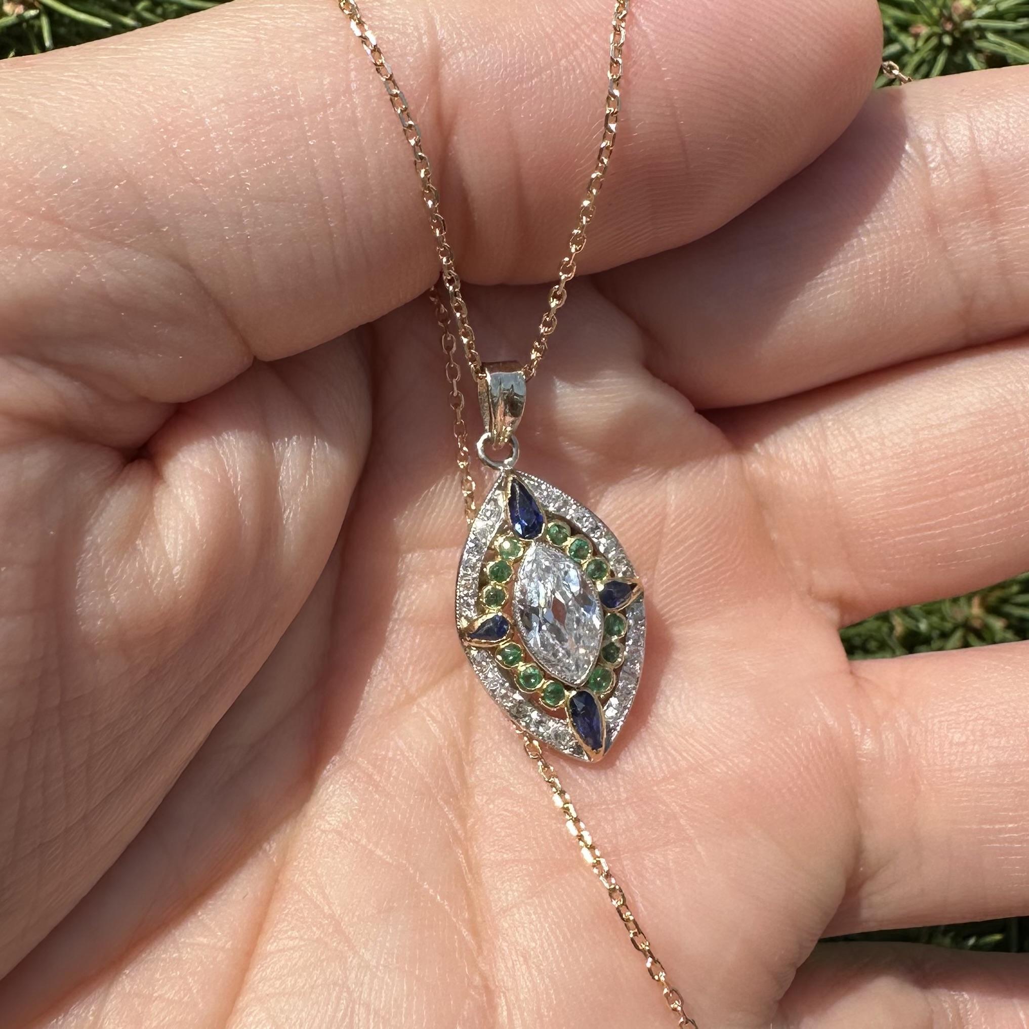 Vintage 14k Gold Platinum Old Marquise Diamond Emerald Sapphire Pendant Necklace For Sale 1