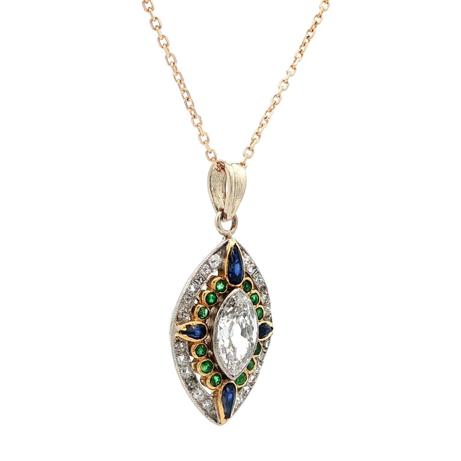 Vintage 14k Gold Platinum Old Marquise Diamond Emerald Sapphire Pendant Necklace For Sale 3