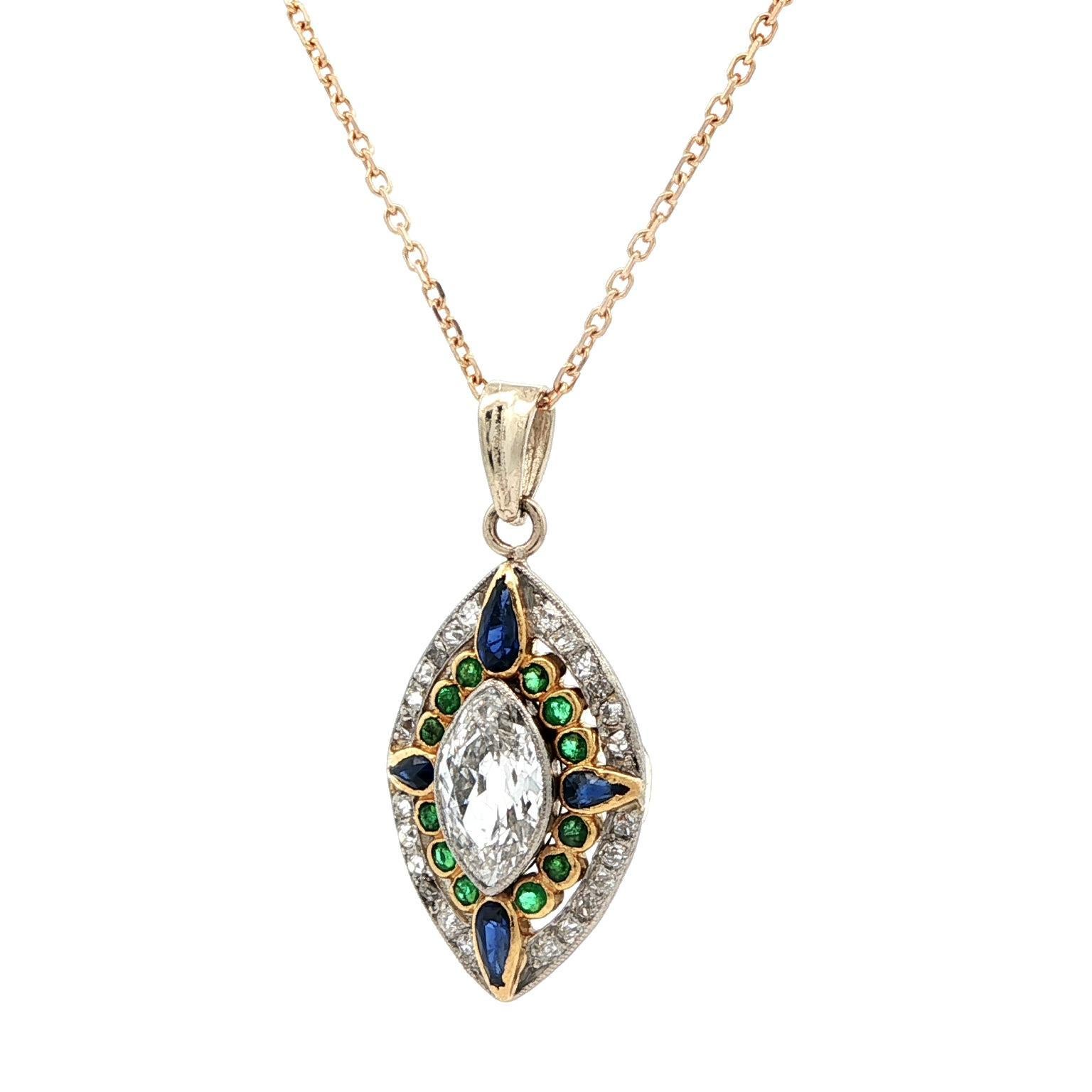 Vintage 14k Gold Platinum Old Marquise Diamond Emerald Sapphire Pendant Necklace For Sale 4