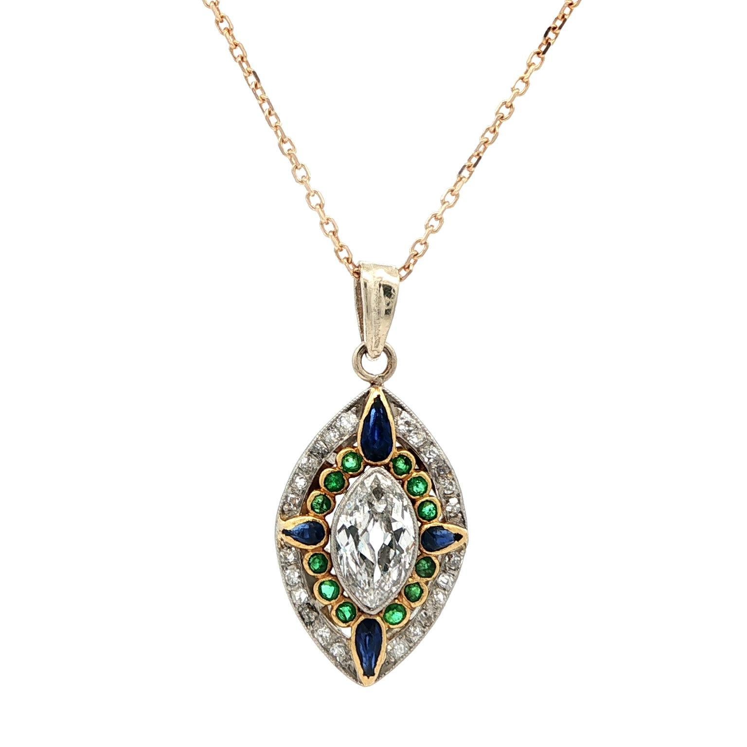 Vintage 14k Gold Platinum Old Marquise Diamond Emerald Sapphire Pendant Necklace For Sale