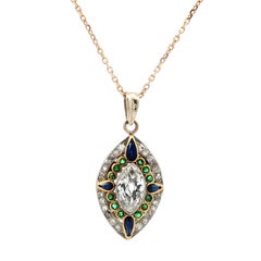 Vintage 14k Gold Platinum Old Marquise Diamond Emerald Sapphire Pendant Necklace