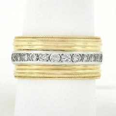 Vintage 14k Gold Platinum Round Channel Diamond Wide Grooved Eternity Band Ring