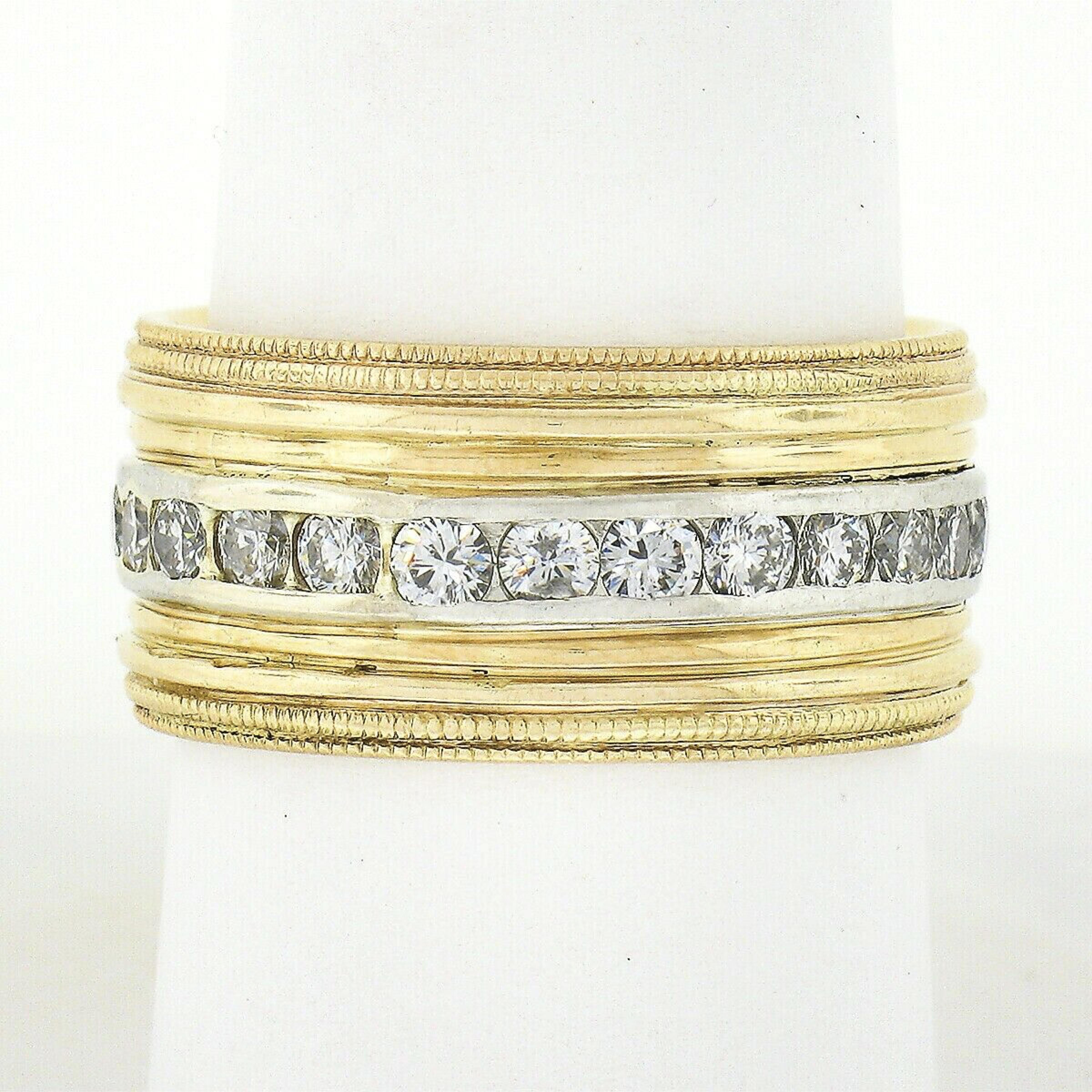 Retro Vintage 14k Gold Platinum Round Channel Diamond Wide Grooved Eternity Band Ring For Sale