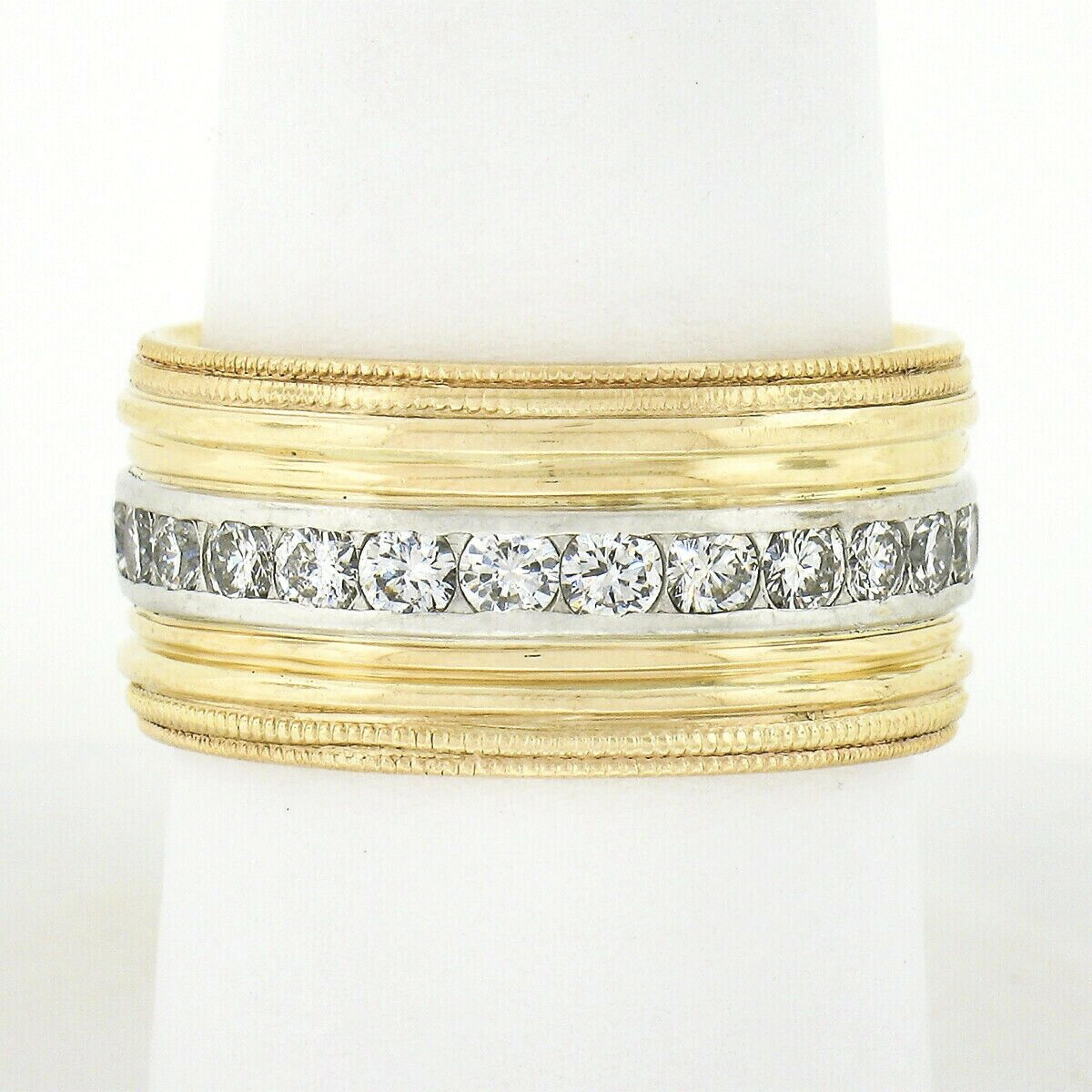 Round Cut Vintage 14k Gold Platinum Round Channel Diamond Wide Grooved Eternity Band Ring For Sale