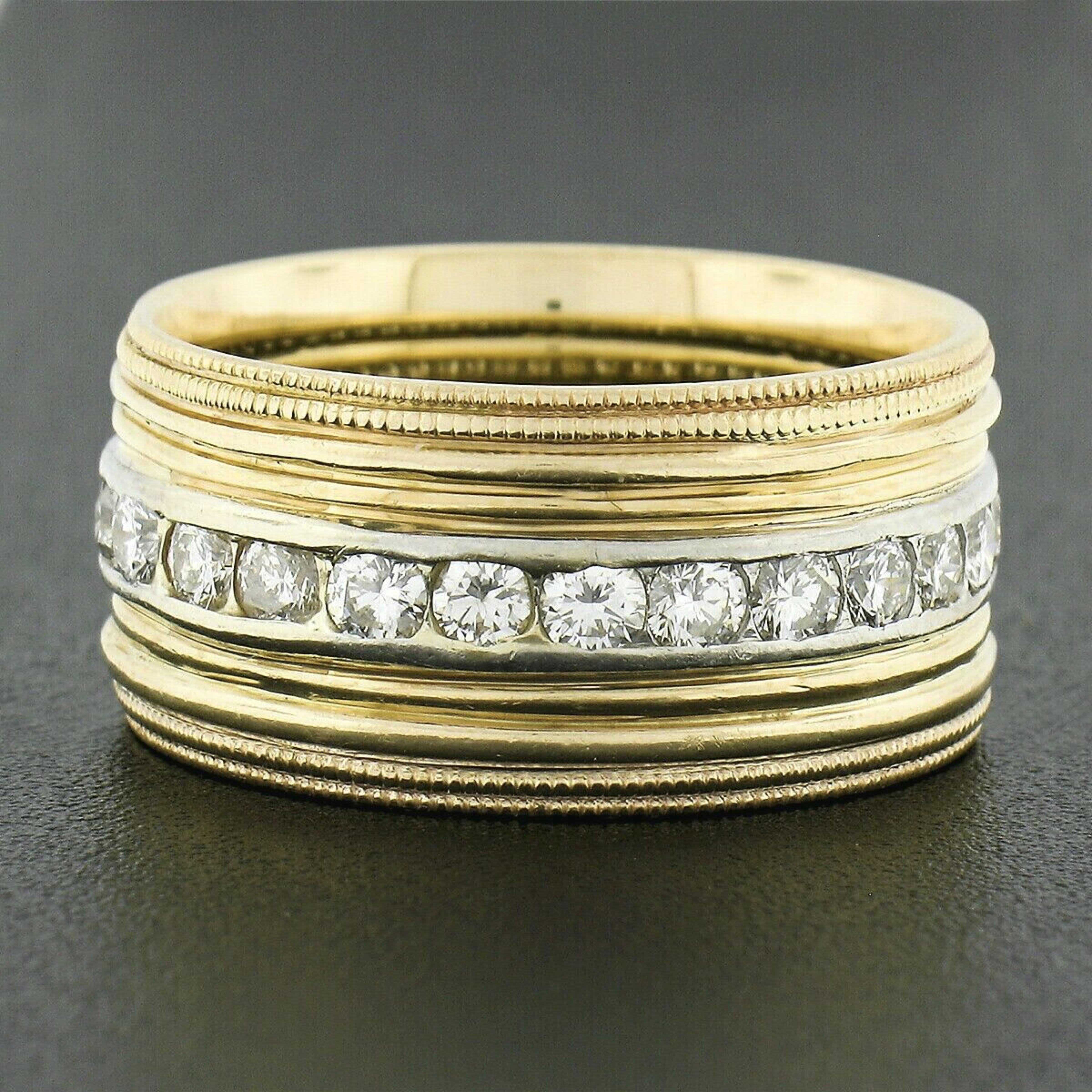 Vintage 14k Gold Platinum Round Channel Diamond Wide Grooved Eternity Band Ring In Good Condition For Sale In Montclair, NJ