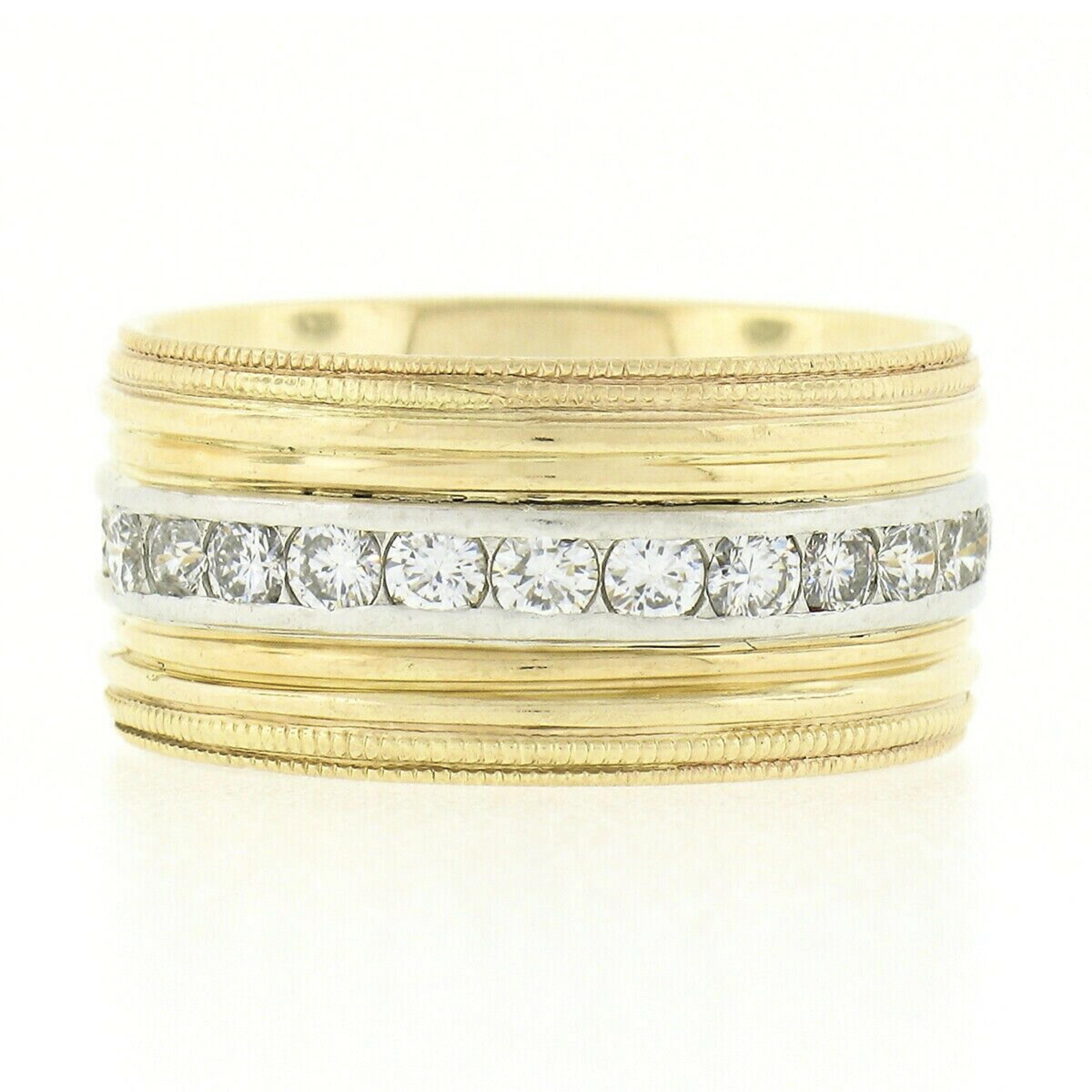 Vintage 14k Gold Platinum Round Channel Diamond Wide Grooved Eternity Band Ring For Sale 1