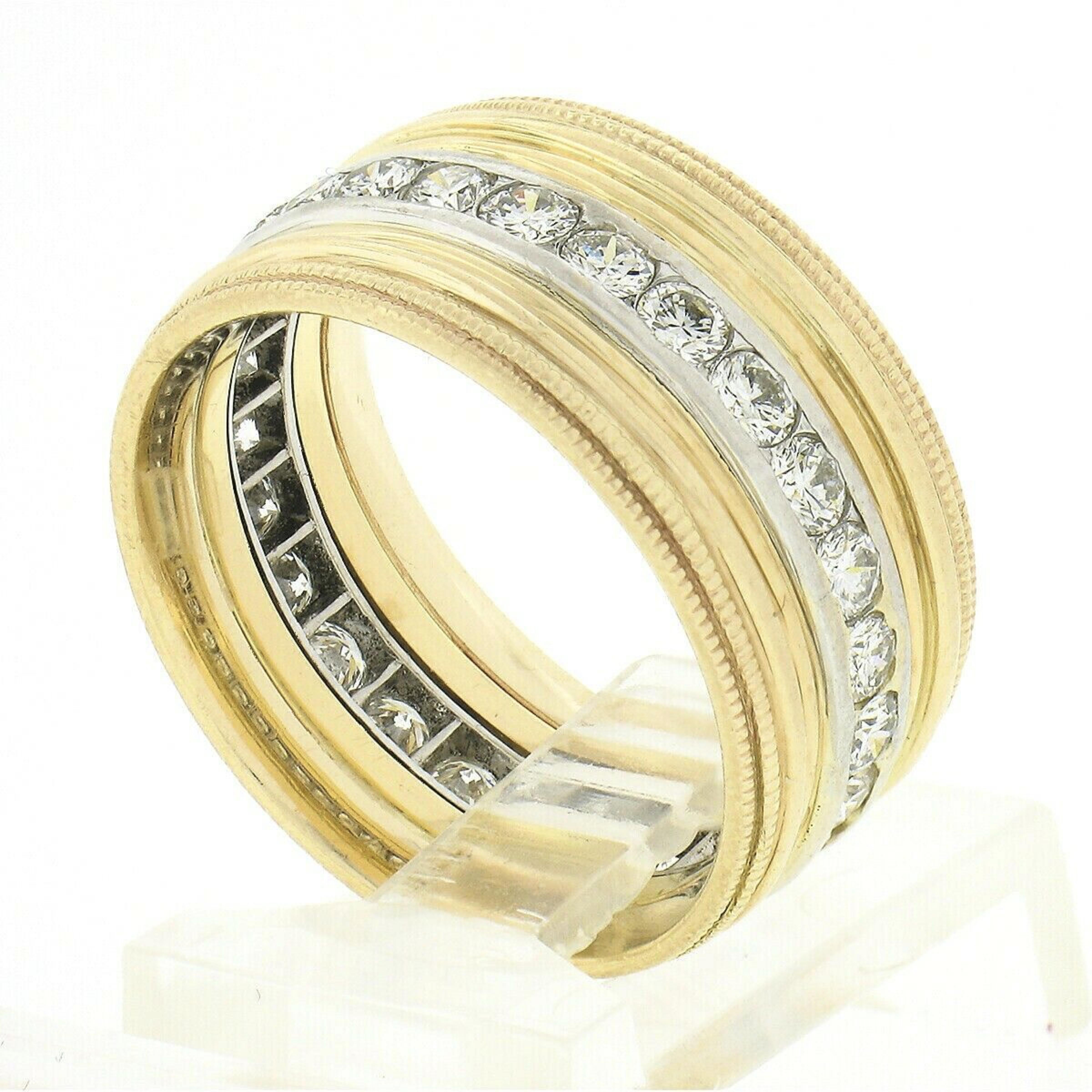 Vintage 14k Gold Platinum Round Channel Diamond Wide Grooved Eternity Band Ring For Sale 3
