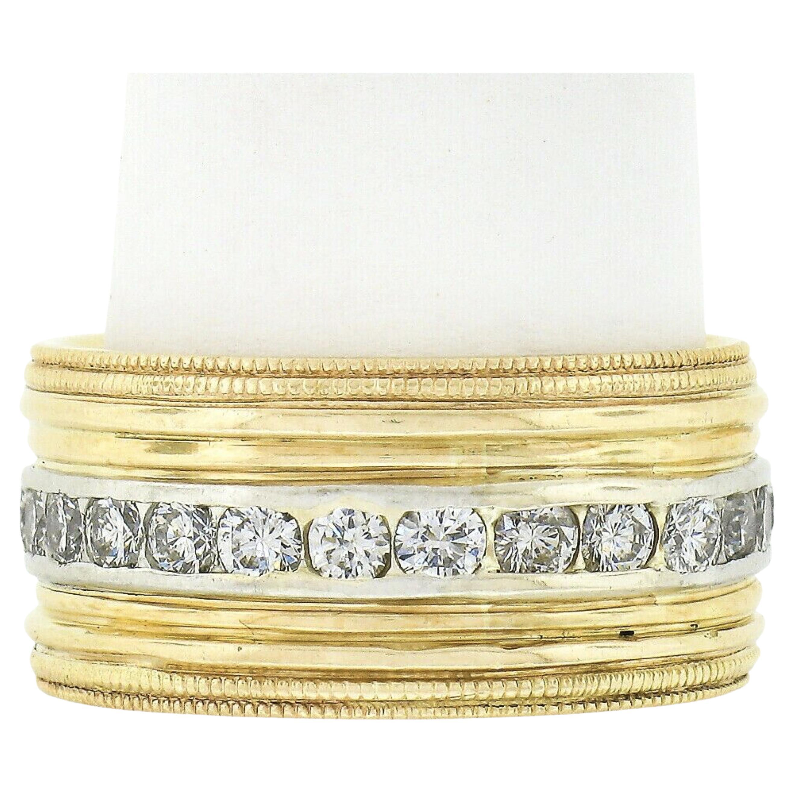 Vintage 14k Gold Platinum Round Channel Diamond Wide Grooved Eternity Band Ring