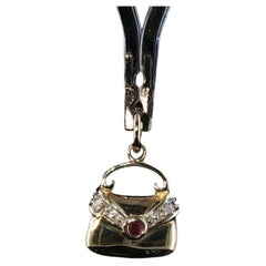 Vintage 14K Gold Purse Handbag Charm Garnet Diamond Pendant 3D Estate 1.9g