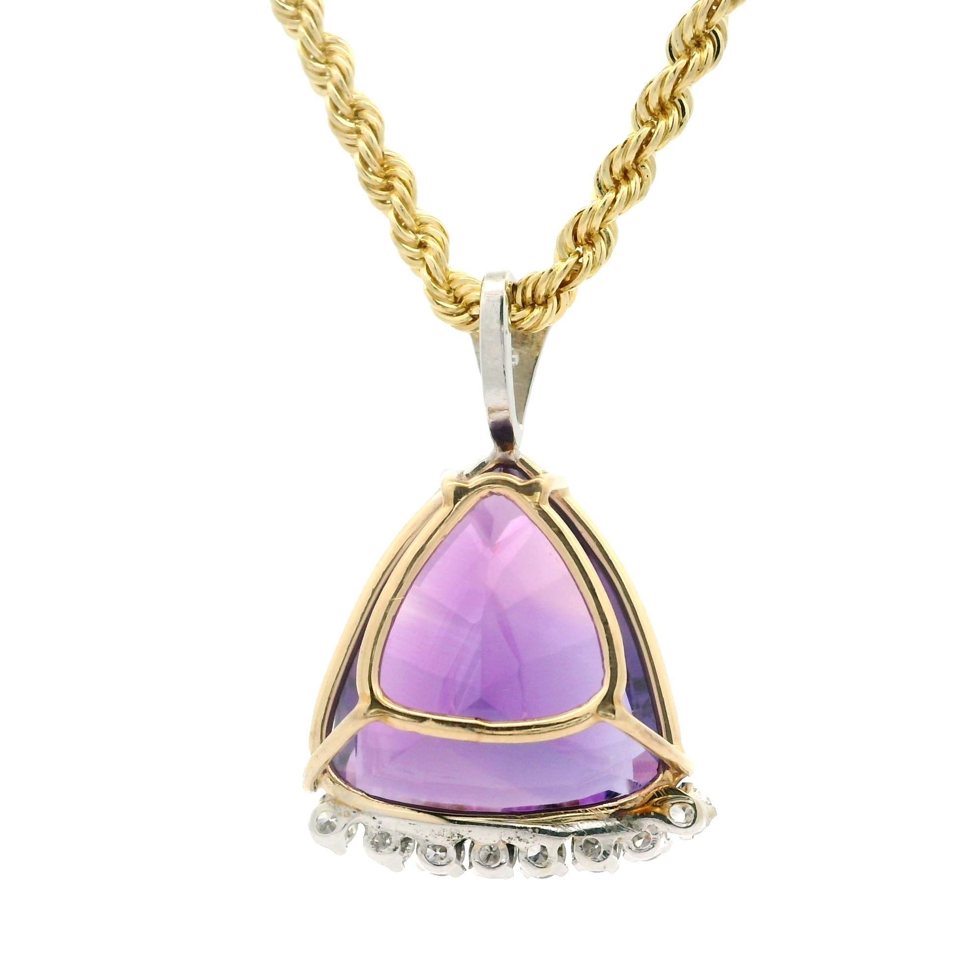 --Stone(s):--
(1) Natural Genuine Amethyst - Trillion Cut - Prong Set - Very Nice Deep Purple Color - 21.2x18.8mm (approx.)
(8) Natural Genuine Diamonds - Round Brilliant Cut - Prong Set - G/H Color - VS1/VS2 Clarity - 0.40ctw (approx.)
(3) Natural