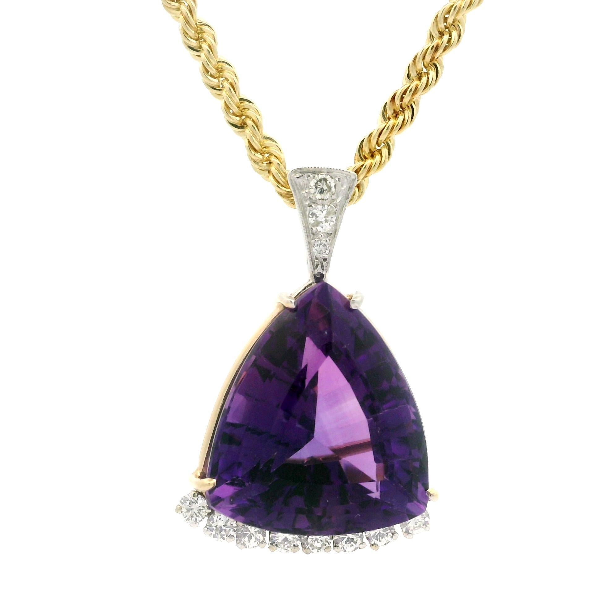 Women's Vintage 14k Gold Quality Trillion Cut Amethyst & Diamond Pendant Necklace For Sale
