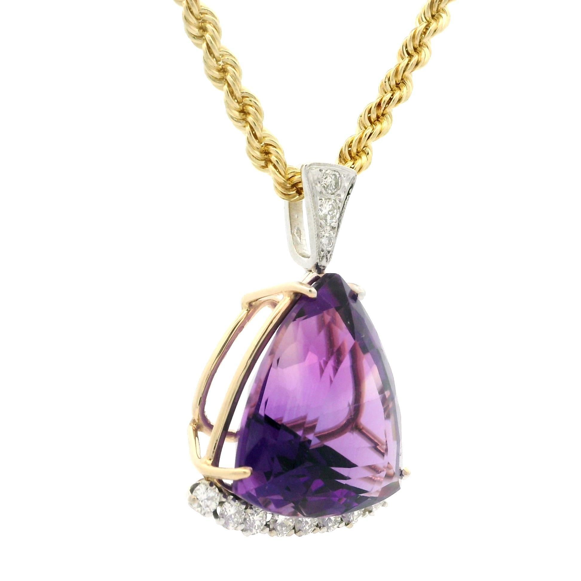 Vintage 14k Gold Quality Trillion Cut Amethyst & Diamond Pendant Necklace For Sale 1