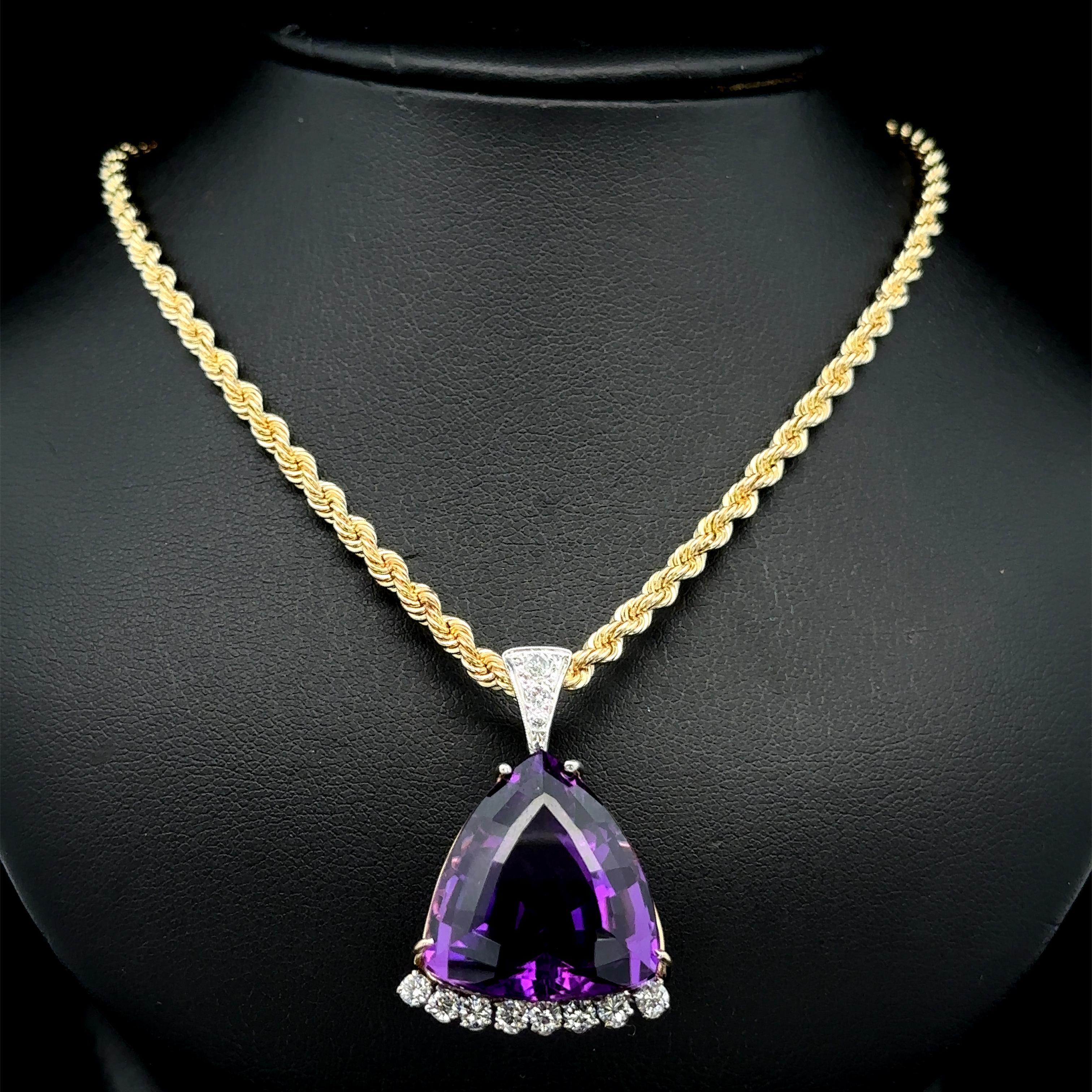 Vintage 14k Gold Quality Trillion Cut Amethyst & Diamond Pendant Necklace For Sale 2