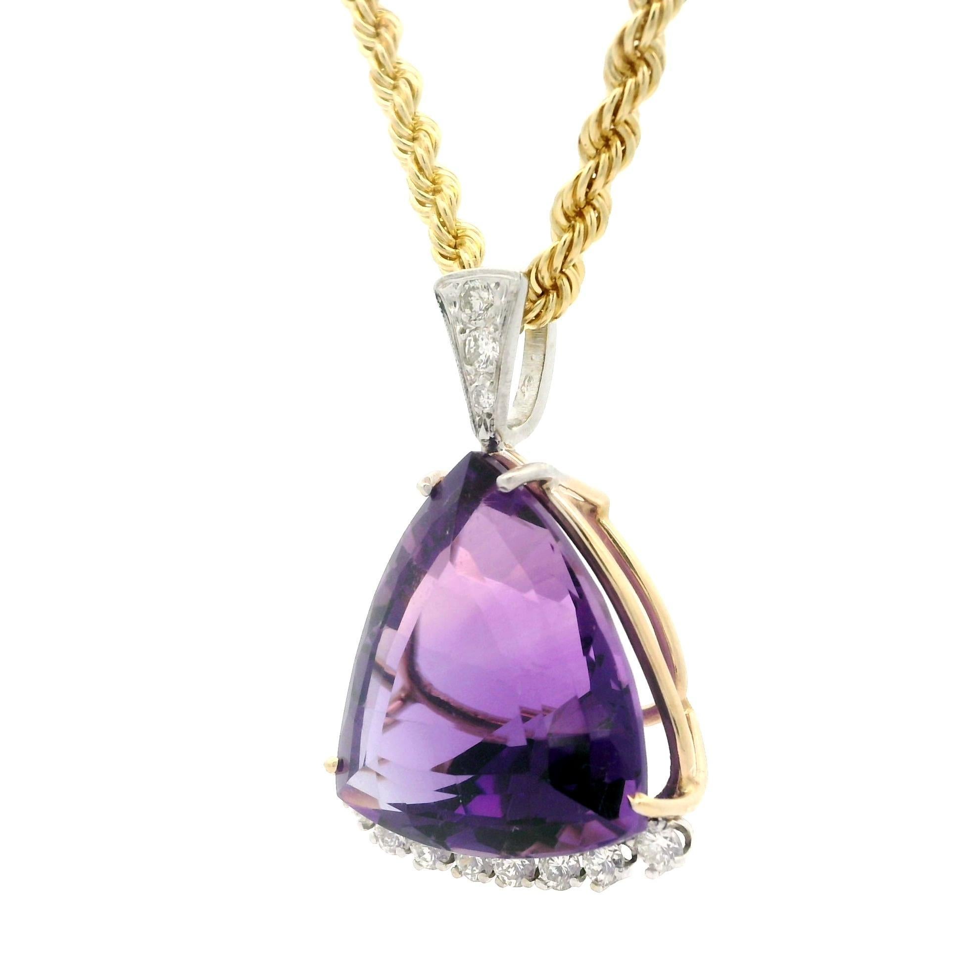 Vintage 14k Gold Quality Trillion Cut Amethyst & Diamond Pendant Necklace For Sale 4