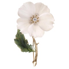 Vintage 14K Gold Quartz and Nephrite Flower Diamond Brooch