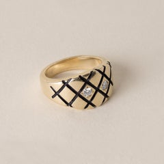 Vintage 14K Gold Quilted Ring with Two Diamonds, Circa 1960
