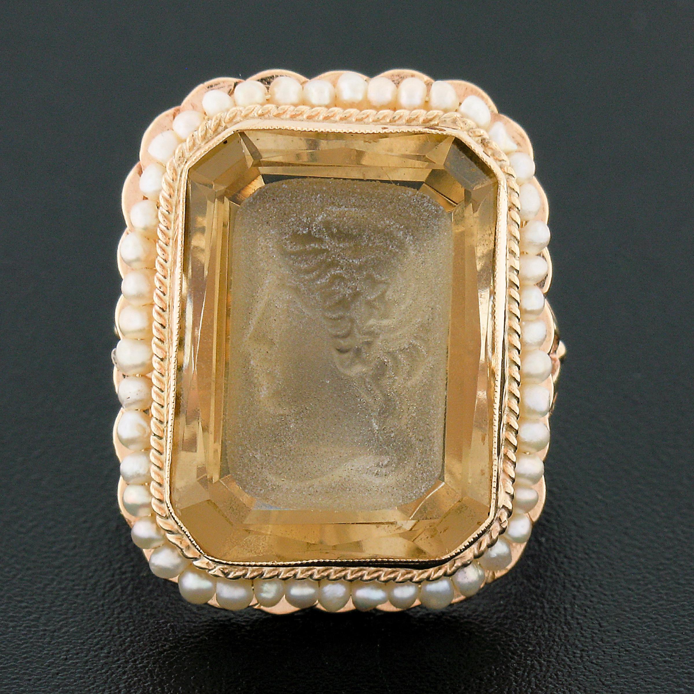 Emerald Cut Vintage 14K Gold Rectangular Carved Citrine Intaglio Cameo Seed Pearl Halo Ring For Sale