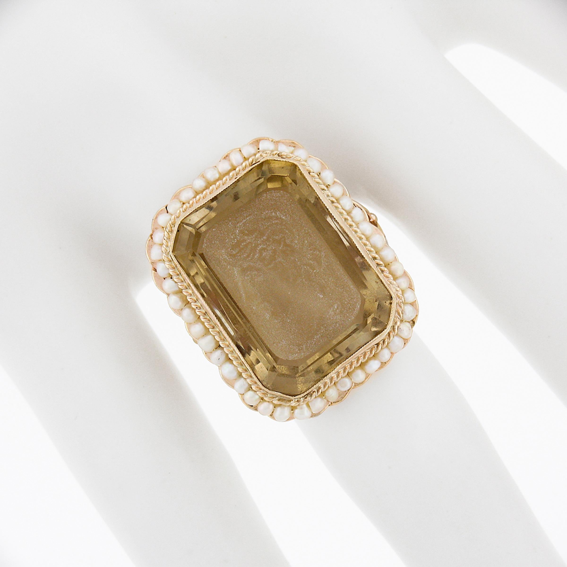 Vintage 14K Gold Rectangular Carved Citrine Intaglio Cameo Seed Pearl Halo Ring In Excellent Condition For Sale In Montclair, NJ
