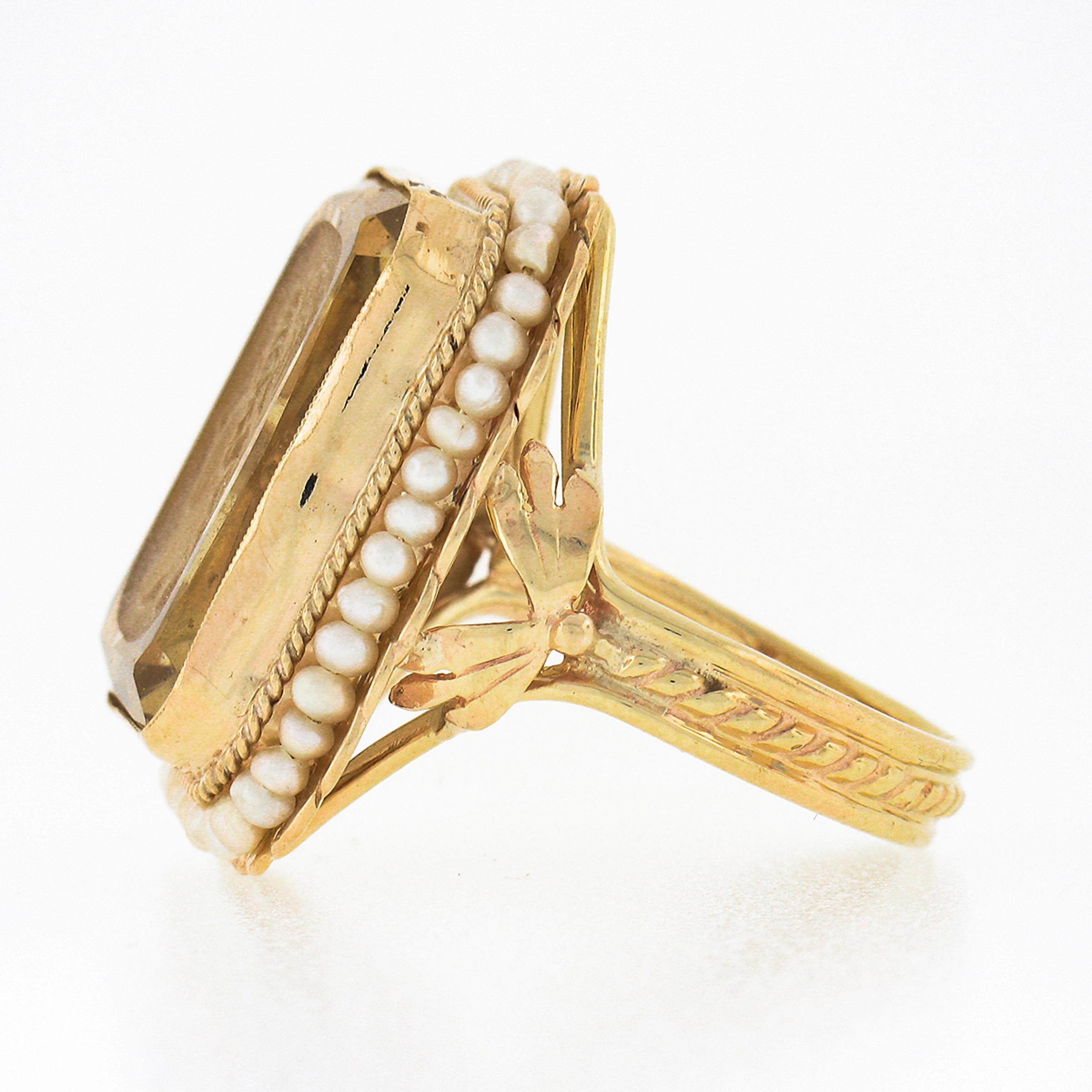 Vintage 14K Gold Rectangular Carved Citrine Intaglio Cameo Seed Pearl Halo Ring For Sale 1