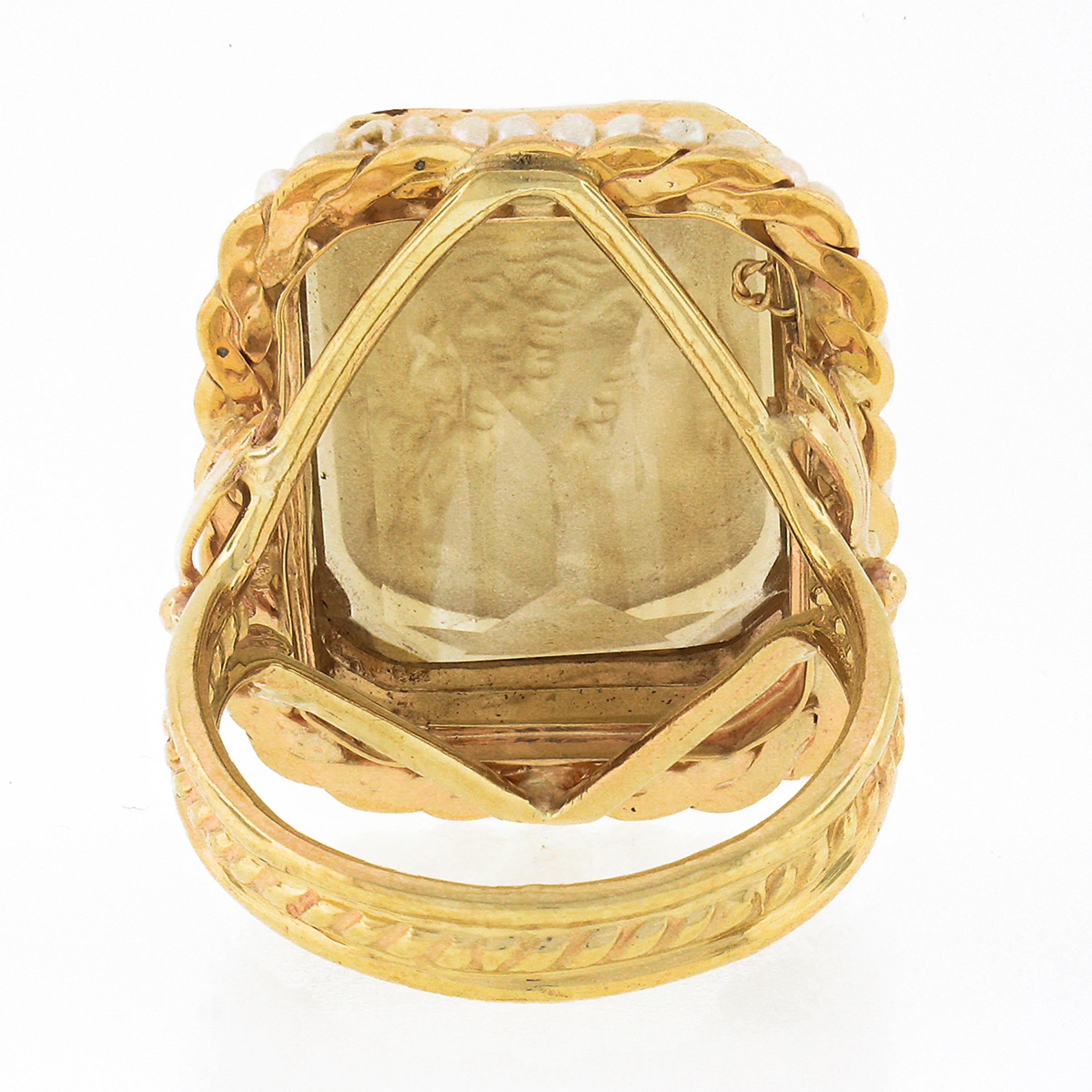 Vintage 14K Gold Rectangular Carved Citrine Intaglio Cameo Seed Pearl Halo Ring For Sale 2
