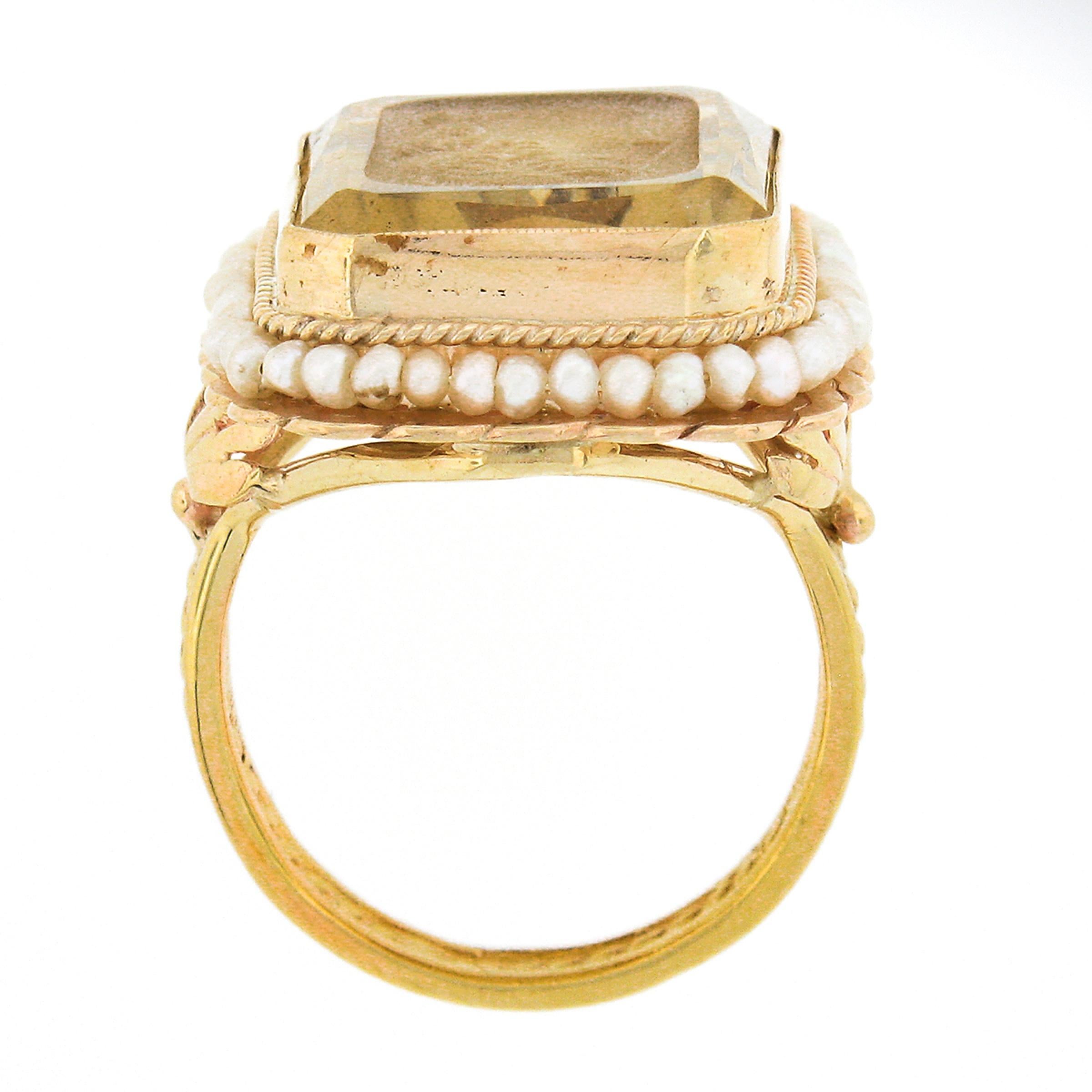 Vintage 14K Gold Rectangular Carved Citrine Intaglio Cameo Seed Pearl Halo Ring For Sale 3