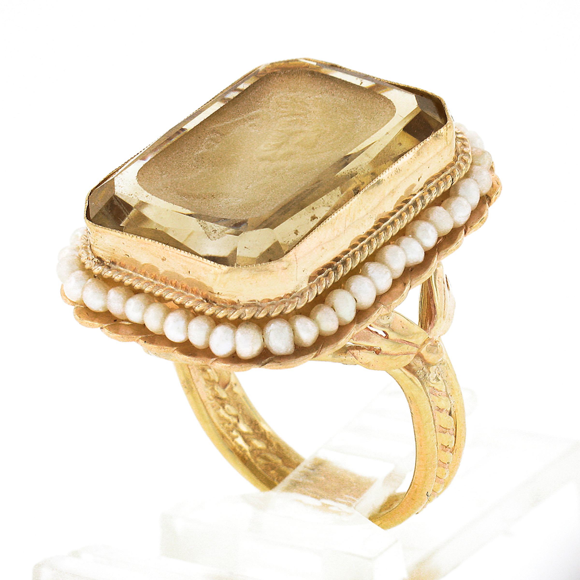 Vintage 14K Gold Rectangular Carved Citrine Intaglio Cameo Seed Pearl Halo Ring For Sale 4
