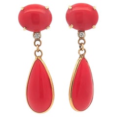 Vintage-Ohrringe aus 14-karätigem Gold mit roter Koralle und Diamanten, lange, tropfenförmige Hängeohrringe