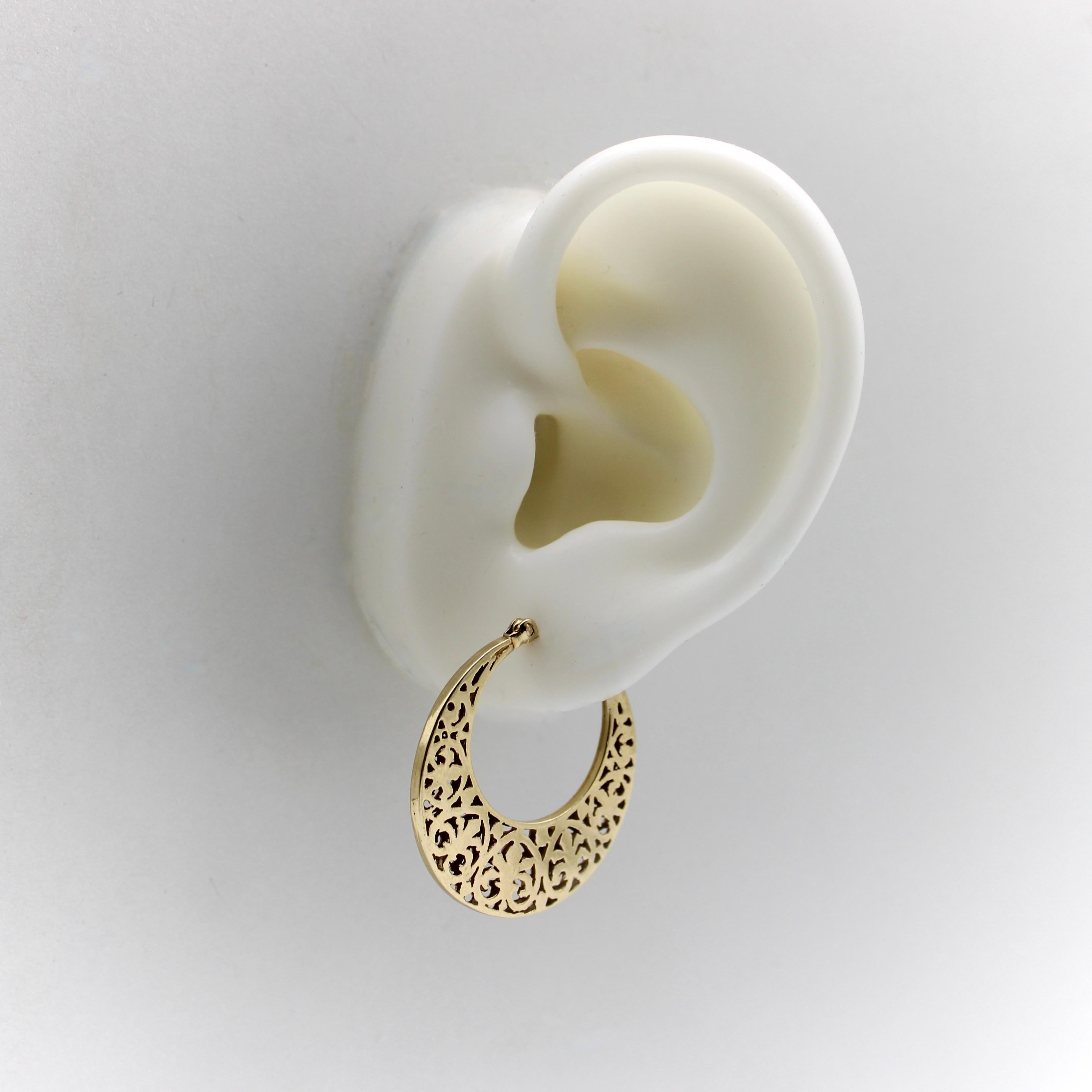 Modern Vintage 14K Gold Reticulated Moon Hoop Earrings For Sale