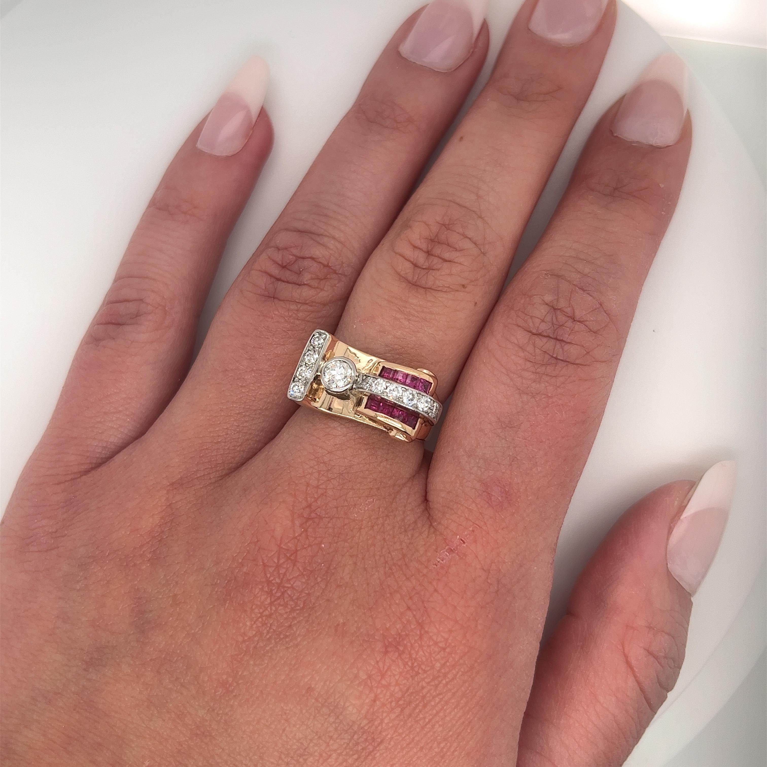 Make your mark, with this retro-style vintage ring. Featuring a curved ring top and a straight shank. Set with natural Old Euro round cut diamonds and baguette cut Rubies. This ring exudes timeless elegance. Set in two-tone 14k solid gold.

Details: