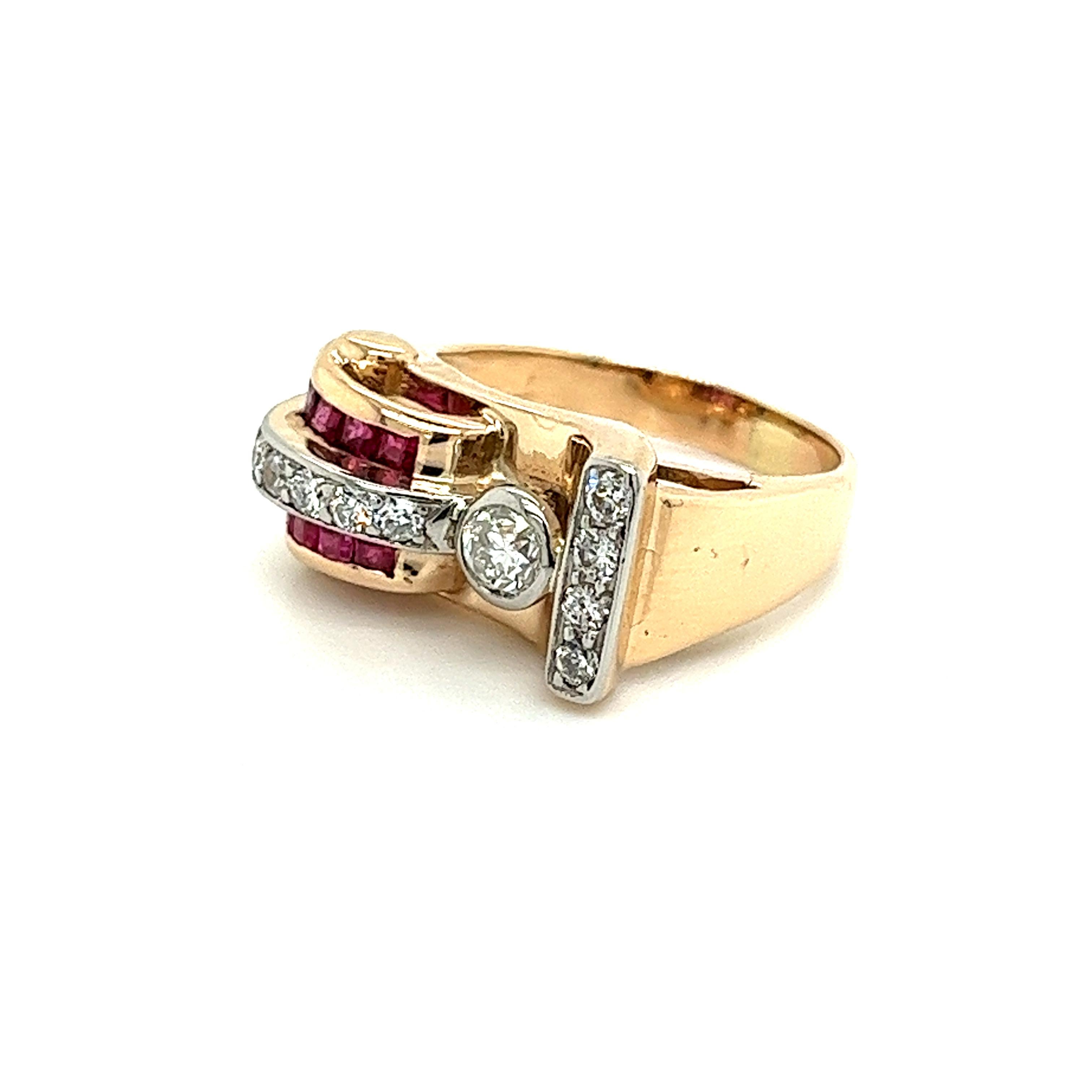 Women's Vintage 14k Gold Retro Style Old Euro Cut Diamond and Baguette Cut Ruby Ring For Sale