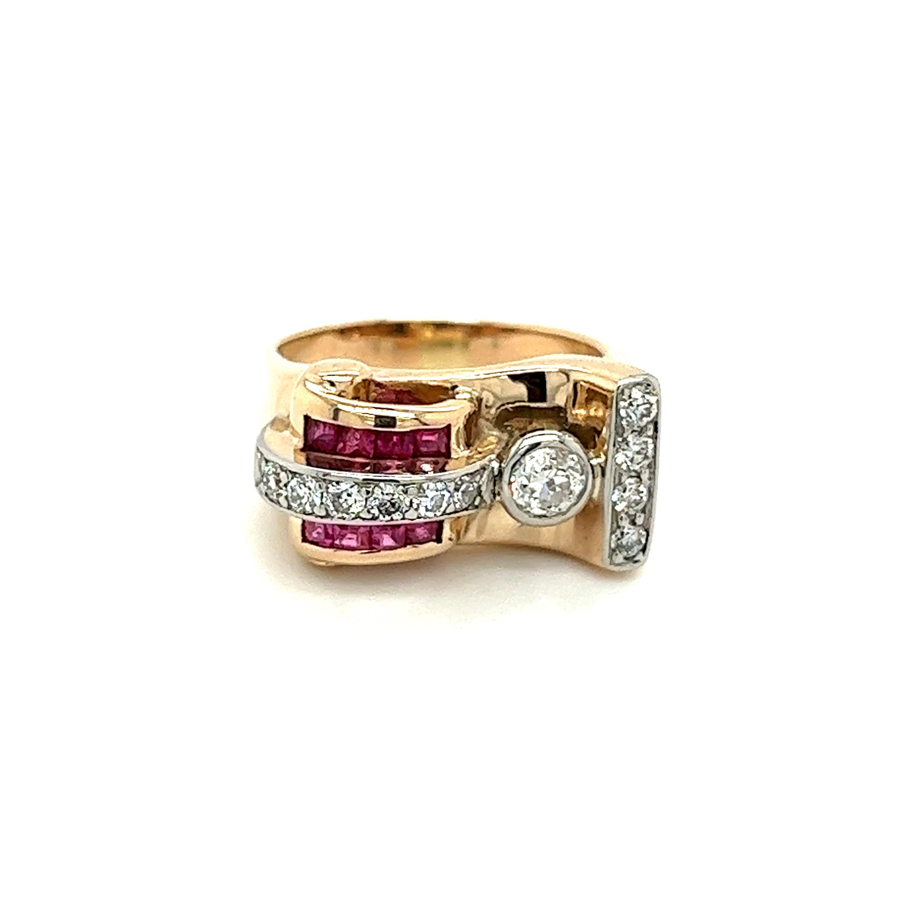 Vintage 14k Gold Retro Style Old Euro Cut Diamond and Baguette Cut Ruby Ring For Sale 1