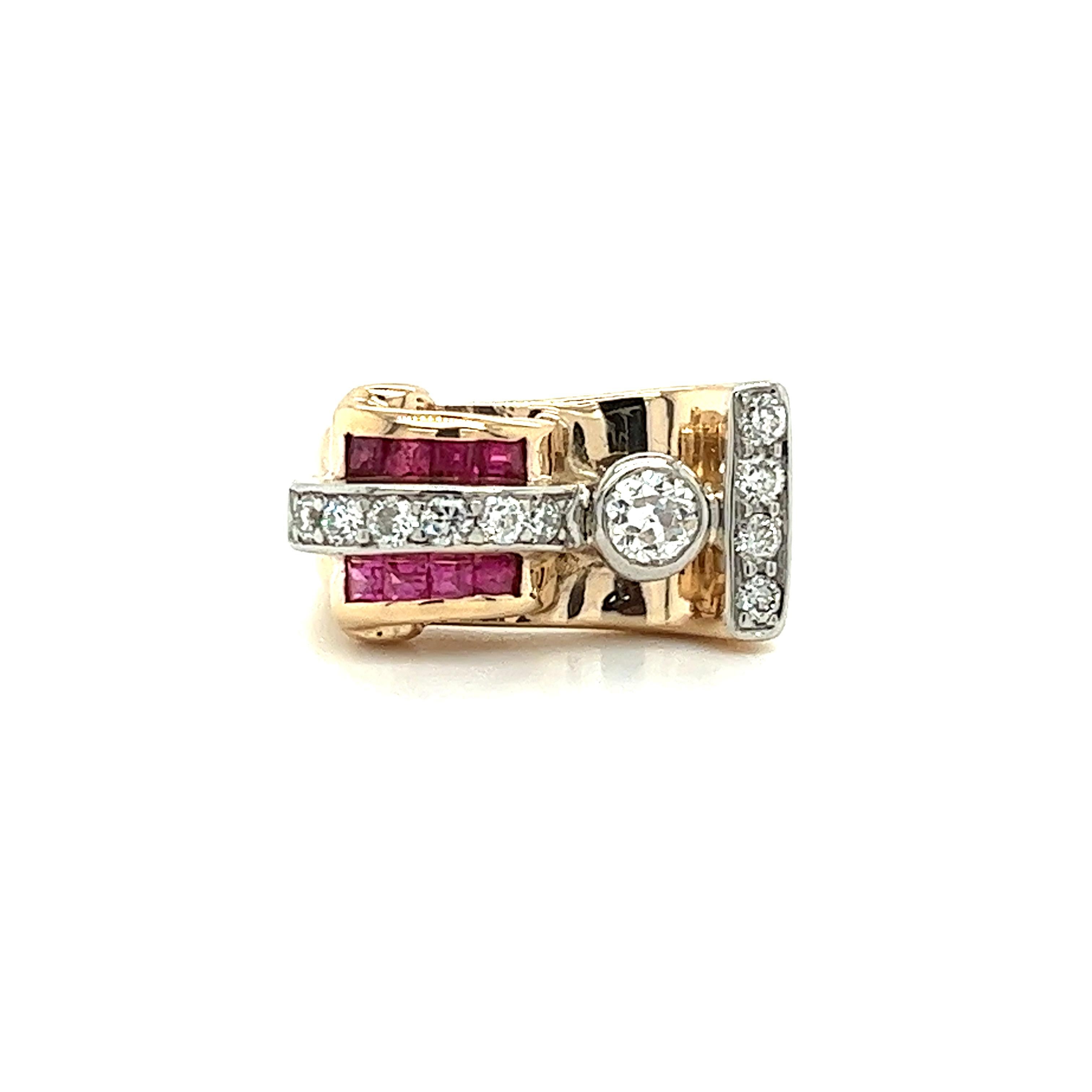 Vintage 14k Gold Retro Style Old Euro Cut Diamond and Baguette Cut Ruby Ring For Sale 2
