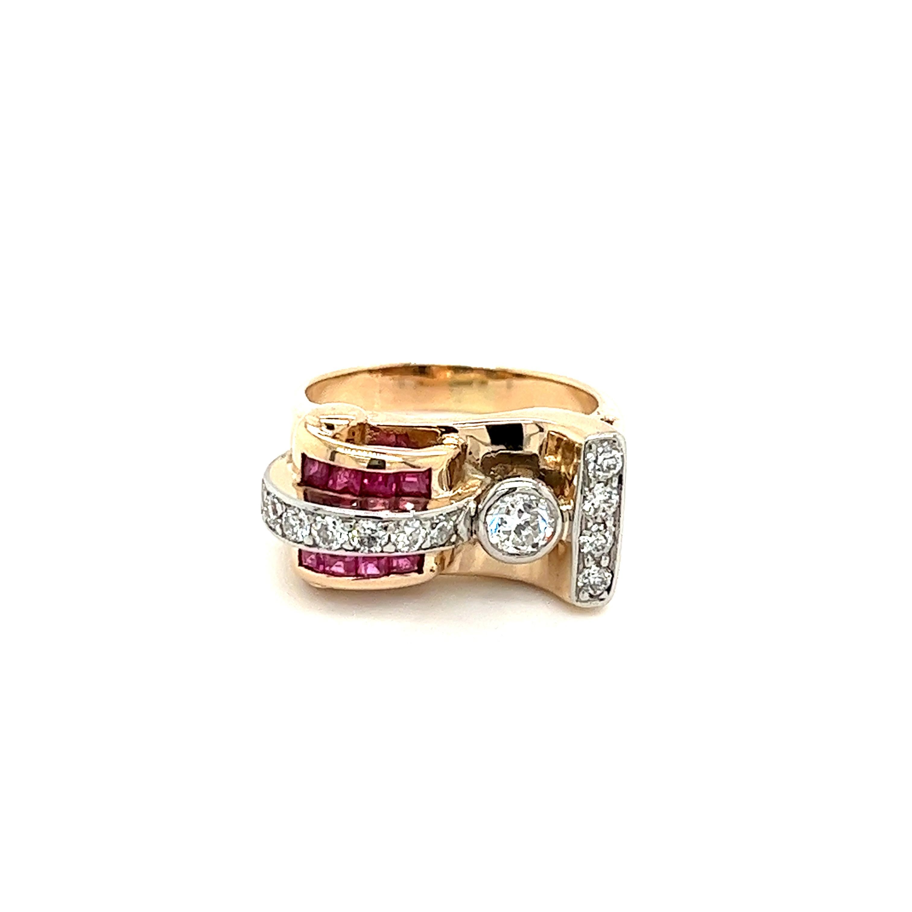 Vintage 14k Gold Retro Style Old Euro Cut Diamond and Baguette Cut Ruby Ring For Sale 3