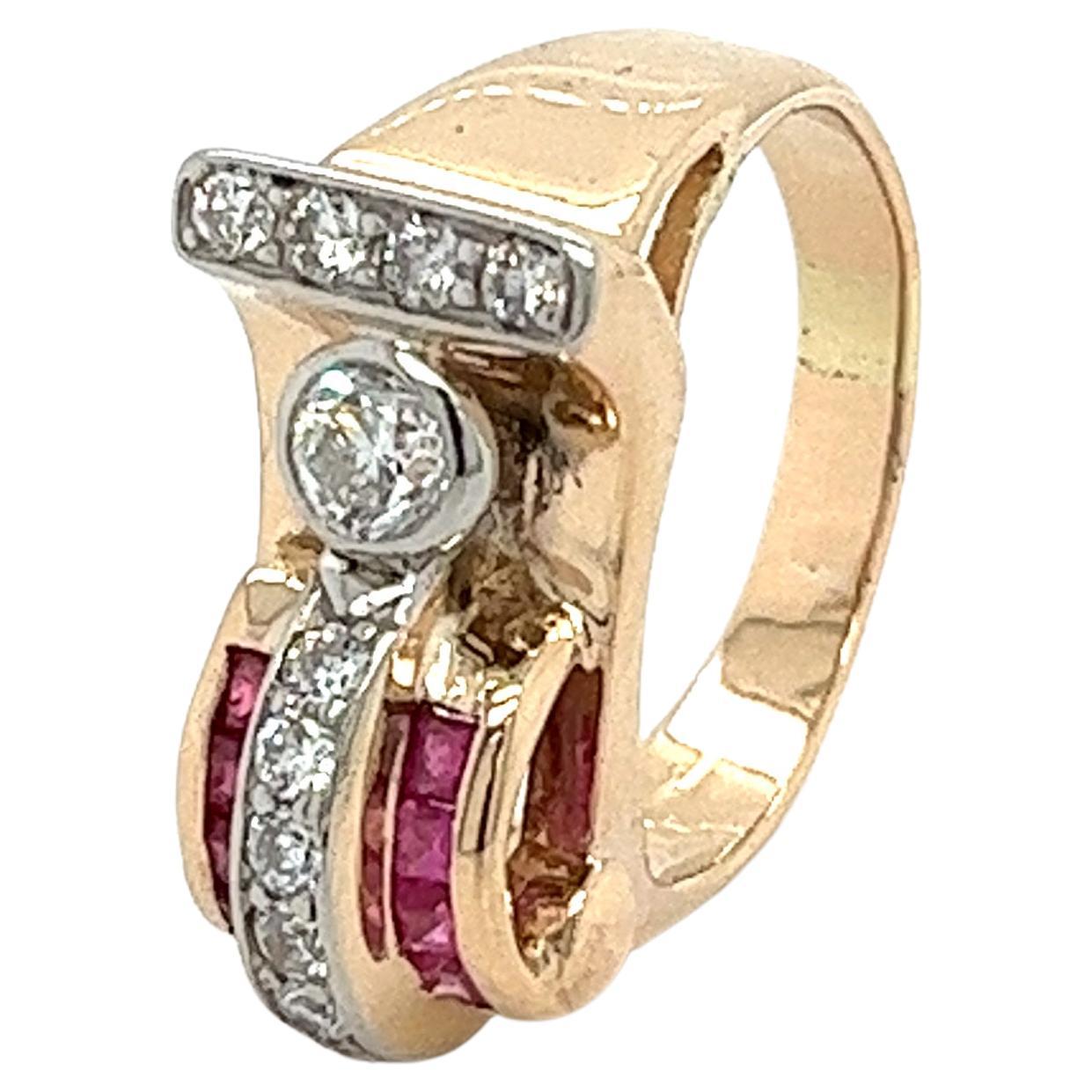 Vintage 14k Gold Retro Style Old Euro Cut Diamond and Baguette Cut Ruby Ring For Sale