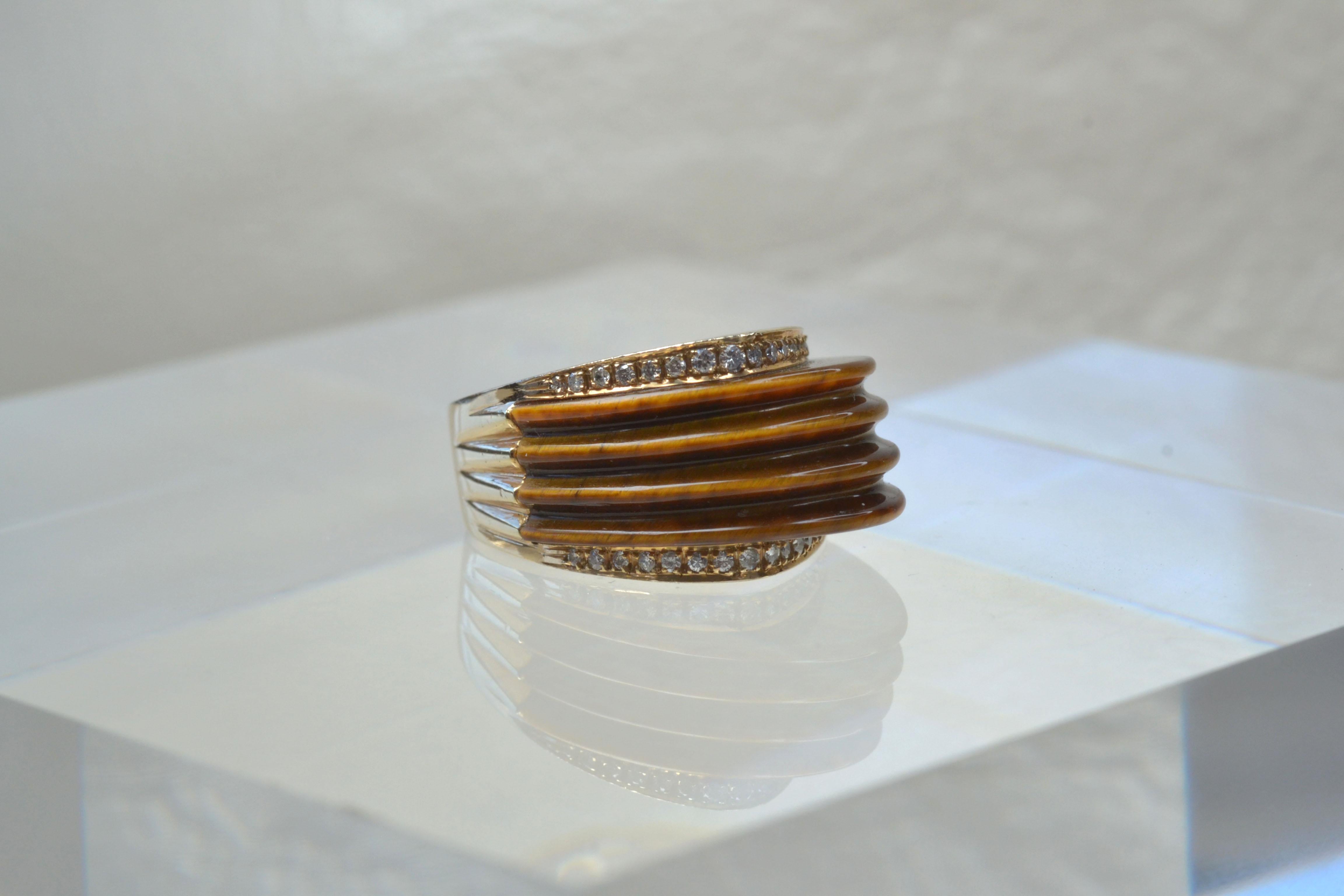 Retro Vintage 14k Gold Ridged Tiger's Eye and Diamond Ring, Limited Edition For Sale