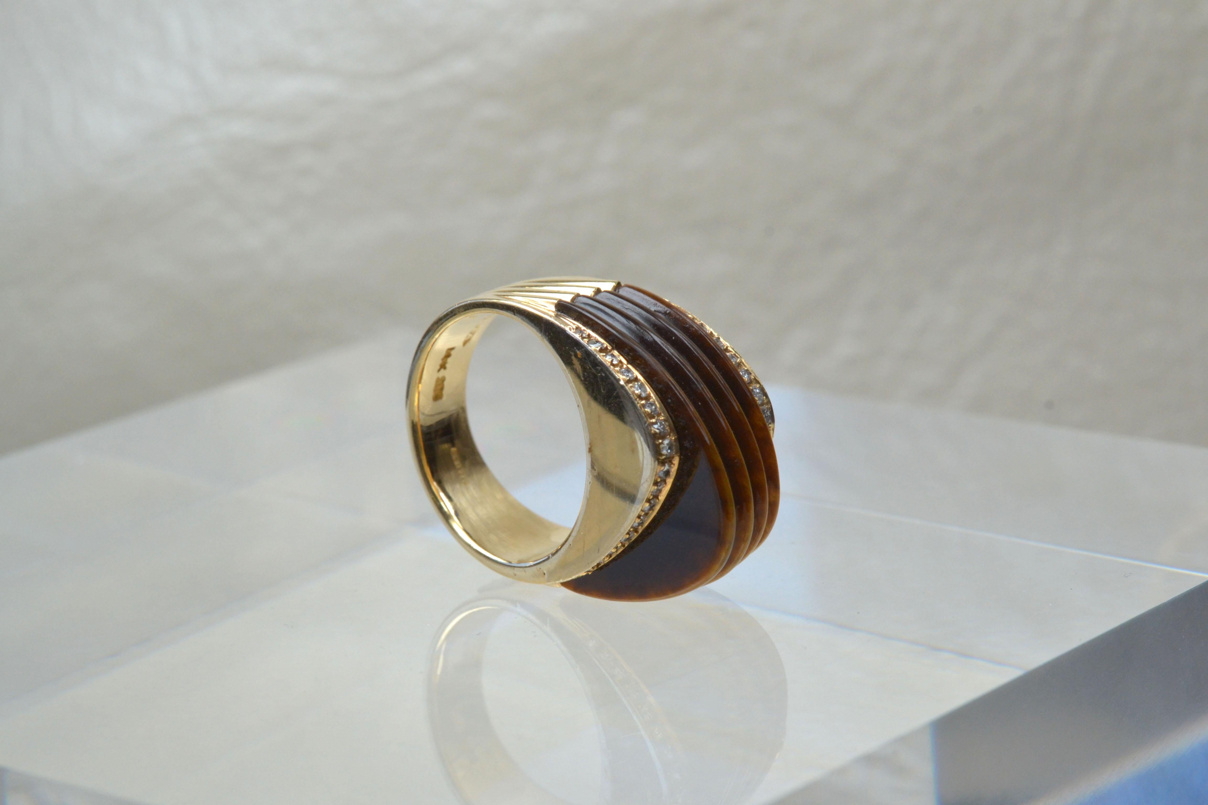 Mixed Cut Vintage 14k Gold Ridged Tiger's Eye and Diamond Ring, Limited Edition For Sale