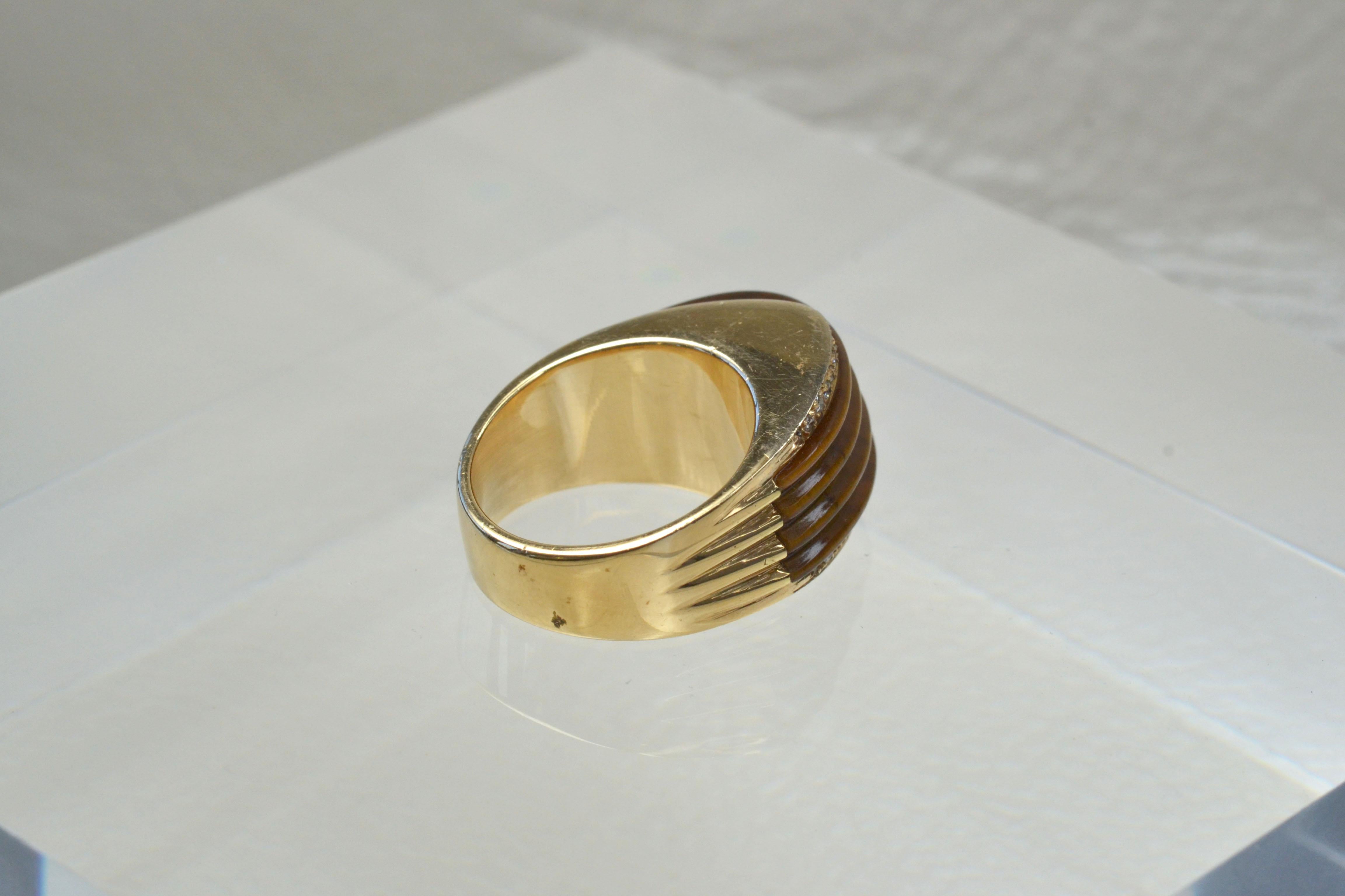 Women's Vintage 14k Gold Ridged Tiger's Eye and Diamond Ring, Limited Edition For Sale