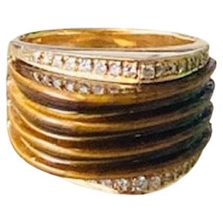 Vintage 14k Gold Ridged Tiger's Eye and Diamond Ring, Limited Edition For Sale