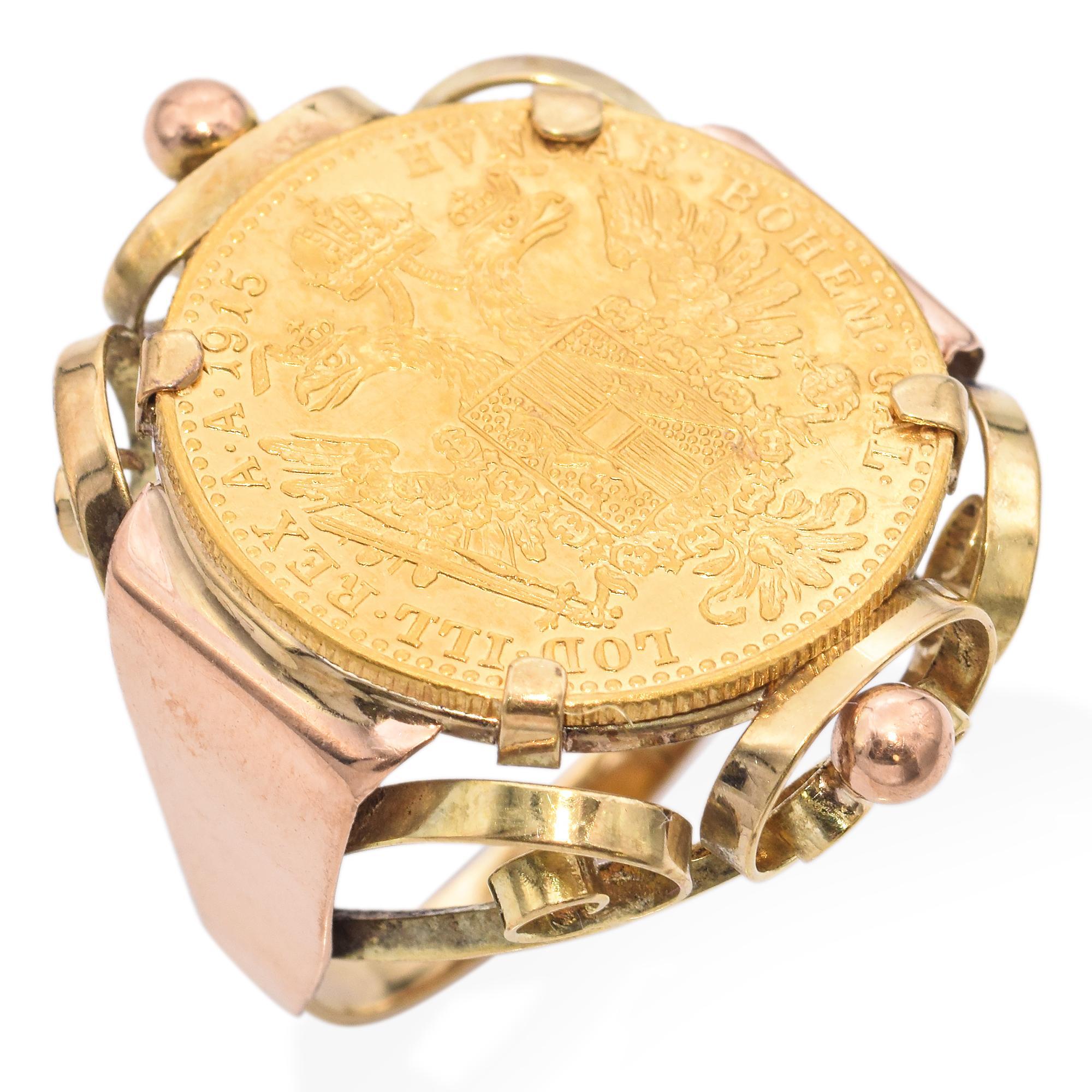 Weight: 7.9 Grams
Coin: Austrian 1 Ducat Coin
Face: 28.39 x 22.45 mm
Size: 5.5
Metal: Coin 24K, Band 14K

ITEM #: BR-1470-120424-05