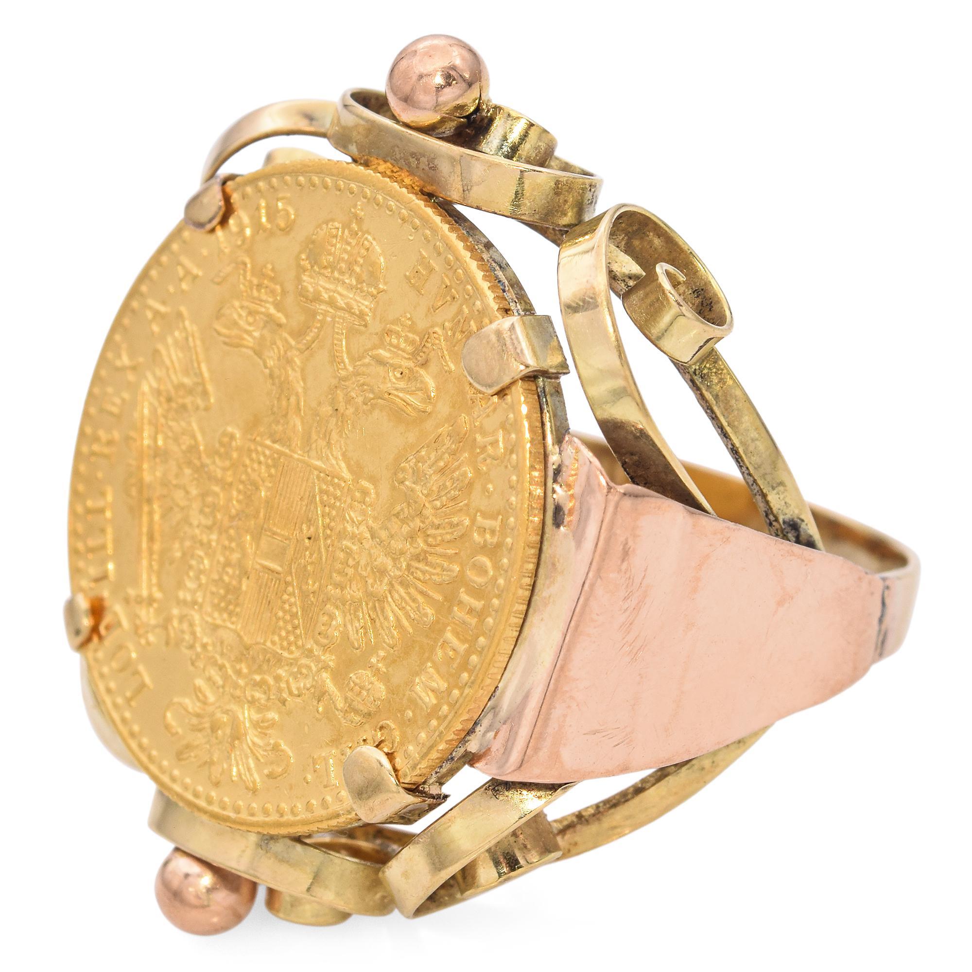 Women's or Men's Vintage 14K Gold Ring with 24K Austrian 1 Ducat Gold Coin